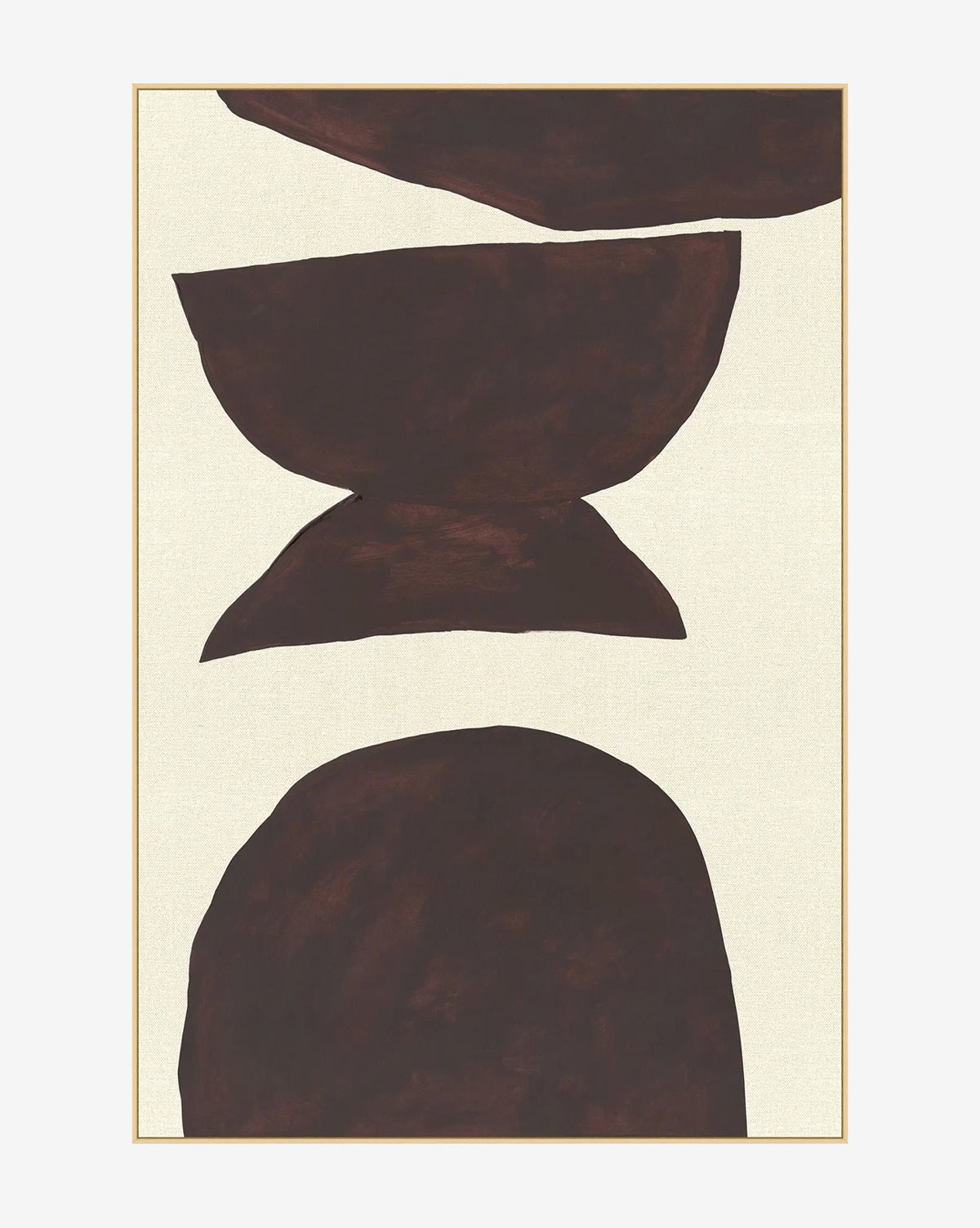 Shapes of Earth 2 is abstract wall art featuring three large, irregular dark brown shapes stacked vertically on a light beige background. With rough organic edges, this minimalist piece is perfect as framed artwork by McGee & Co.