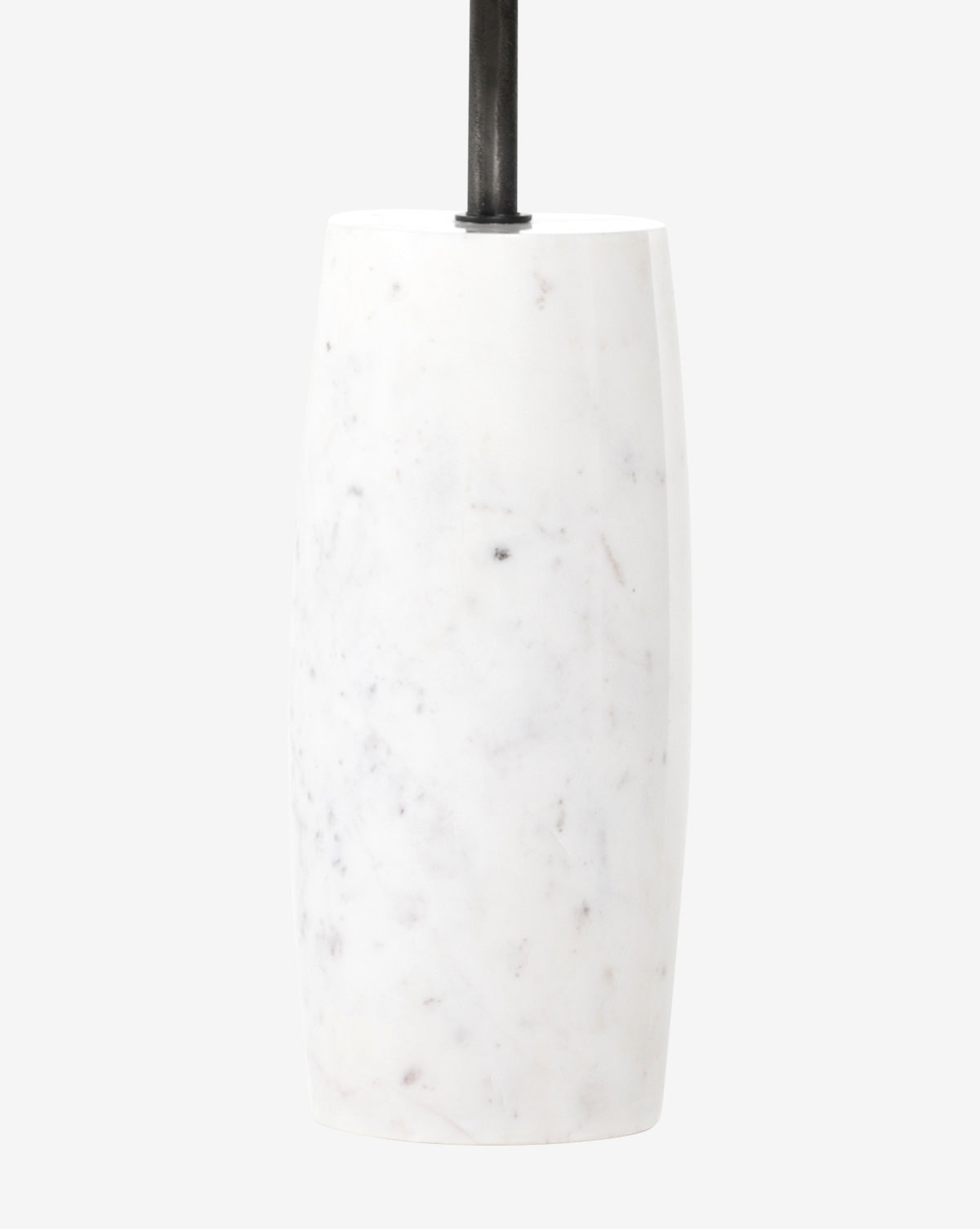 The Sheba Side Table by Four Hands, crafted from white marble with subtle gray veining, pairs elegantly with a matching marble pendant light suspended from a black rod against a plain white background. McGee & Co.