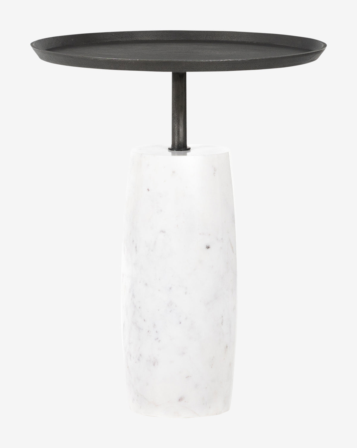 The Sheba Side Table by Four Hands features a round black metal top and a cylindrical white marble base. Photographed on a white background, this table blends modern style with timeless elegance to elevate any space. McGee & Co.