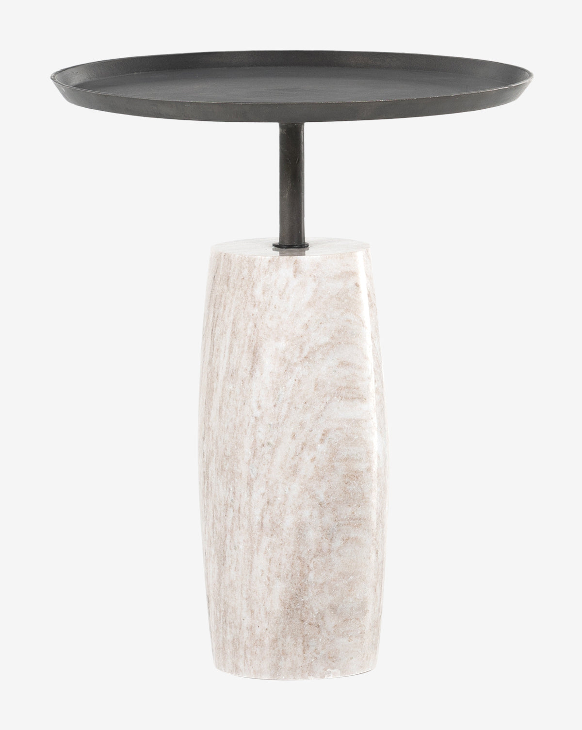 The Sheba Side Table by Four Hands features a round, flat black top with a single stem and a tall cylindrical white marble base, creating a sleek, modern look. McGee & Co.