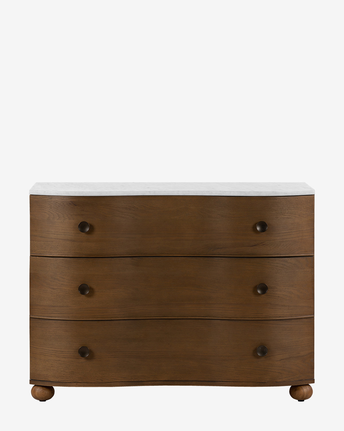 The Simmons Chest is an antique-style wooden dresser with three curved front drawers, round dark knobs, a light marble top, and small rounded feet—ideal for elegant bedroom storage against a white background, by McGee & Co.
