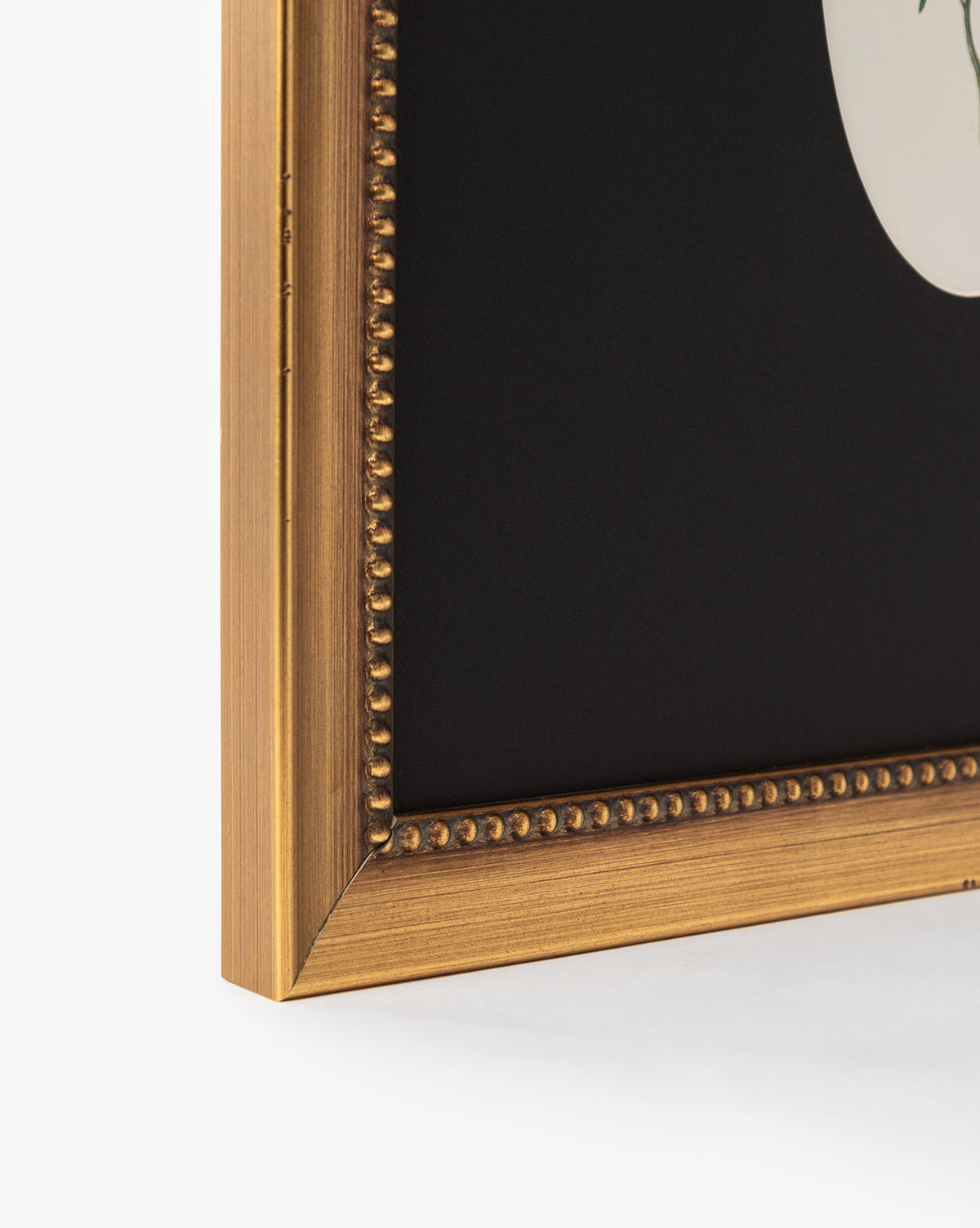 A close-up shows a gold-finished wood frame with beaded detailing holding the Single Blooms 2 botanical wall art, displayed with a black mat against a white background, by McGee & Co.