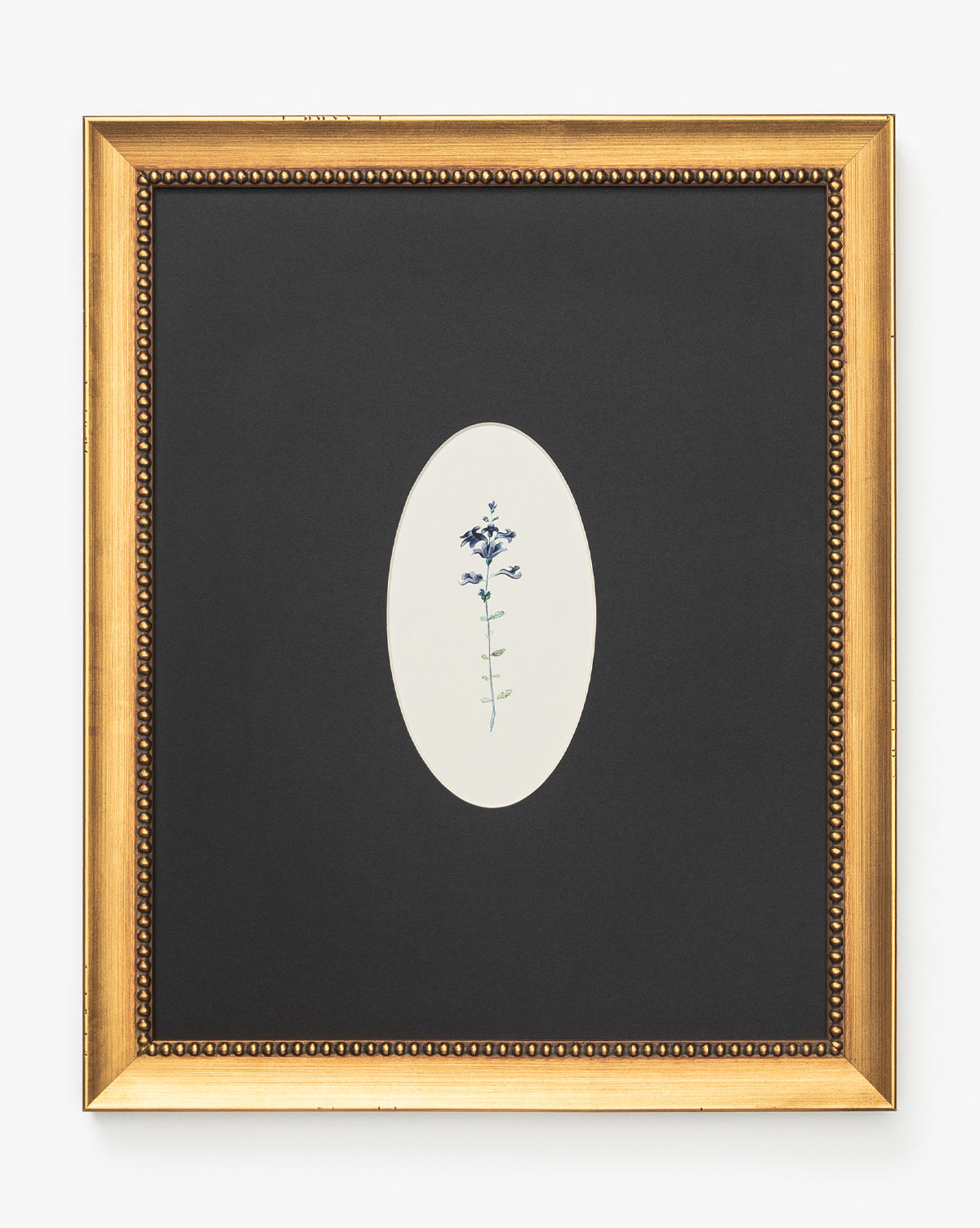 Single Blooms 3 features a gold frame and black matte with an oval cutout, showcasing a minimalist illustration of a single blue flower with a green stem on a white background, by McGee & Co.
