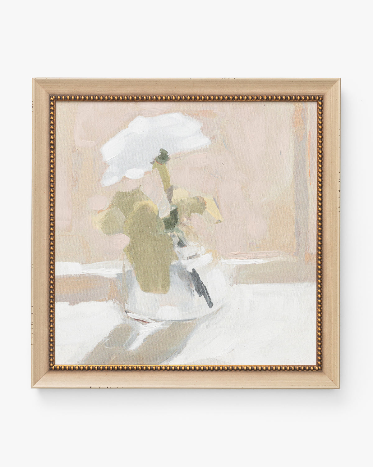 The Single Blossom is a framed painting featuring a green-leaved blossom in a glass vase on a soft beige background, with minimal details and gentle shadowing for a serene, neutral-toned look, by McGee & Co.