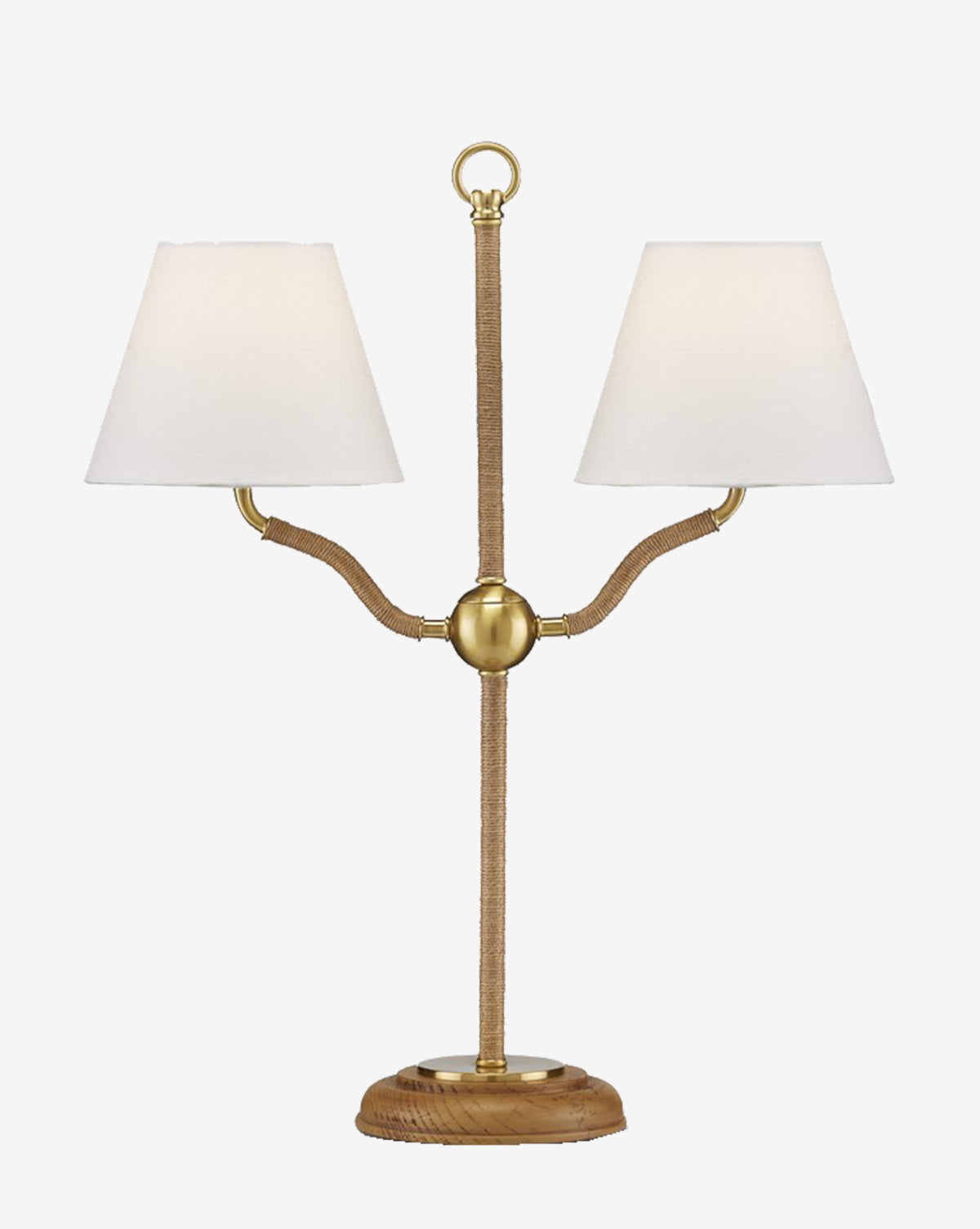 The Sirocco Desk Lamp by Currey & Co. is a two-arm table lamp with a brass and wood base, two white fabric shades, and a central brass sphere—an elegant addition to any home office. McGee & Co.
