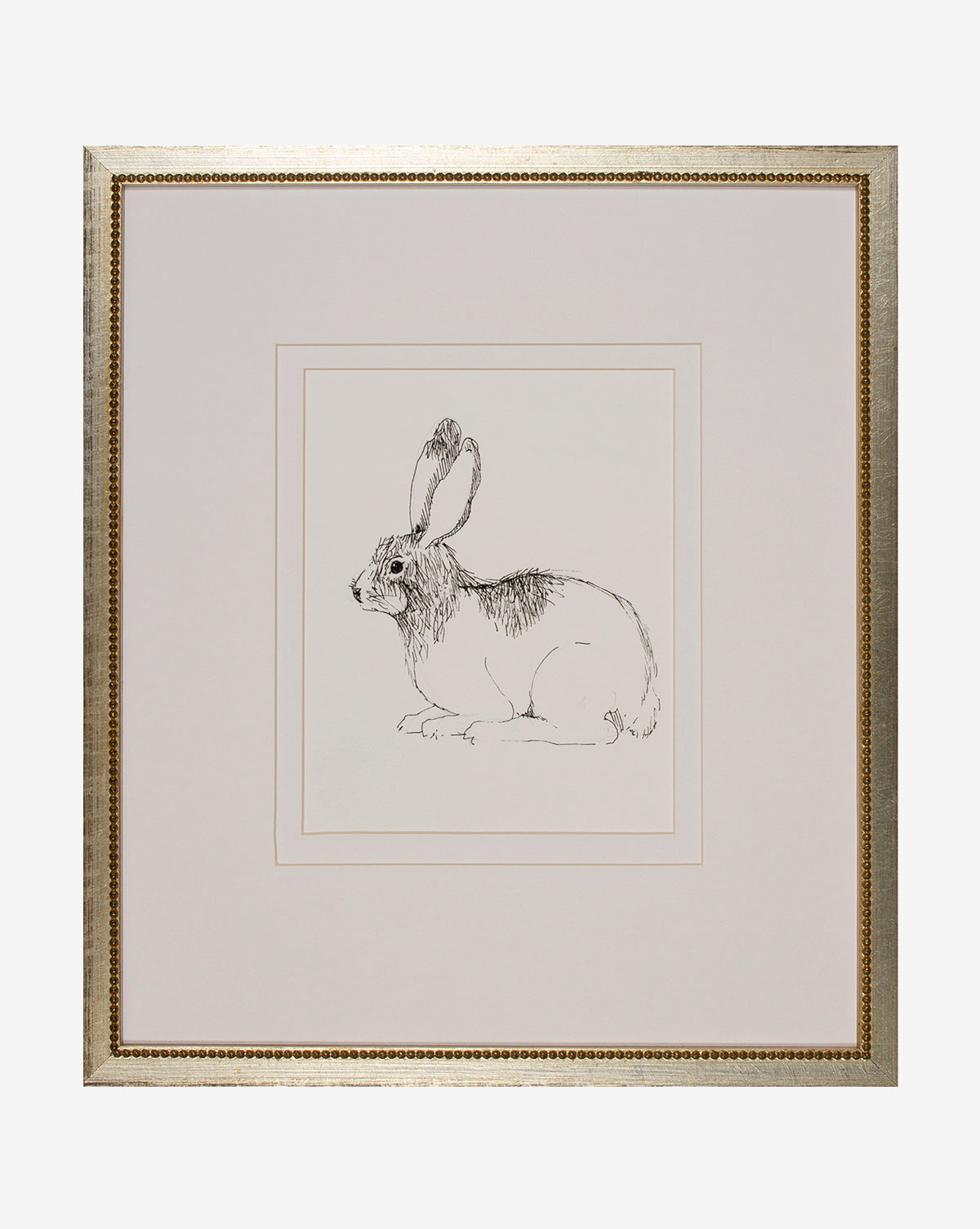 Sketched Bunny I features a minimalist black ink rabbit in profile, centered on white paper and set in a gold, beaded-edge frame—a charming, whimsical wall art piece for childrens room decor.