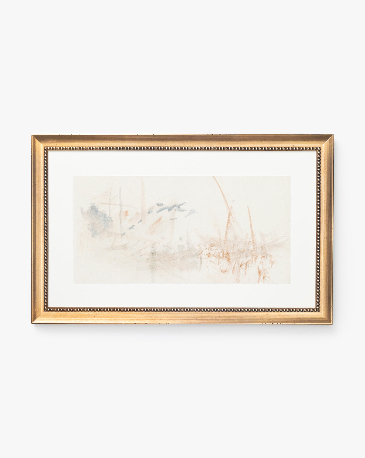 Sky Studies 2 is a calming abstract watercolor giclee print with soft blues, oranges, and beige in blurred lines. Presented in a gold frame with a beaded inner edge, it brings refined elegance to any space.