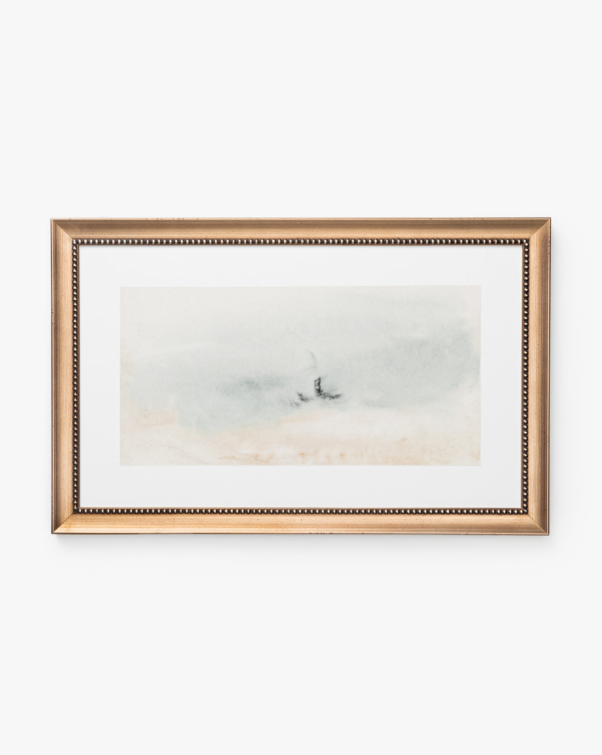 Sky Studies 4 is a watercolor painting with soft blue and beige tones in an antique silver wood frame; its abstract landscape and blurred lines create a calm, minimalist effect—perfect for gallery wall art.