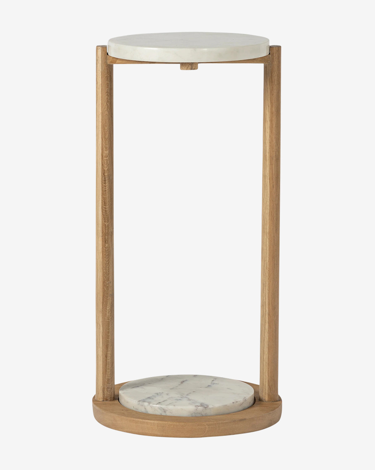 The Skylar Side Table showcases a round white marble top and bottom shelf, both supported by three natural oak legs in a minimalist open design, by McGee & Co.