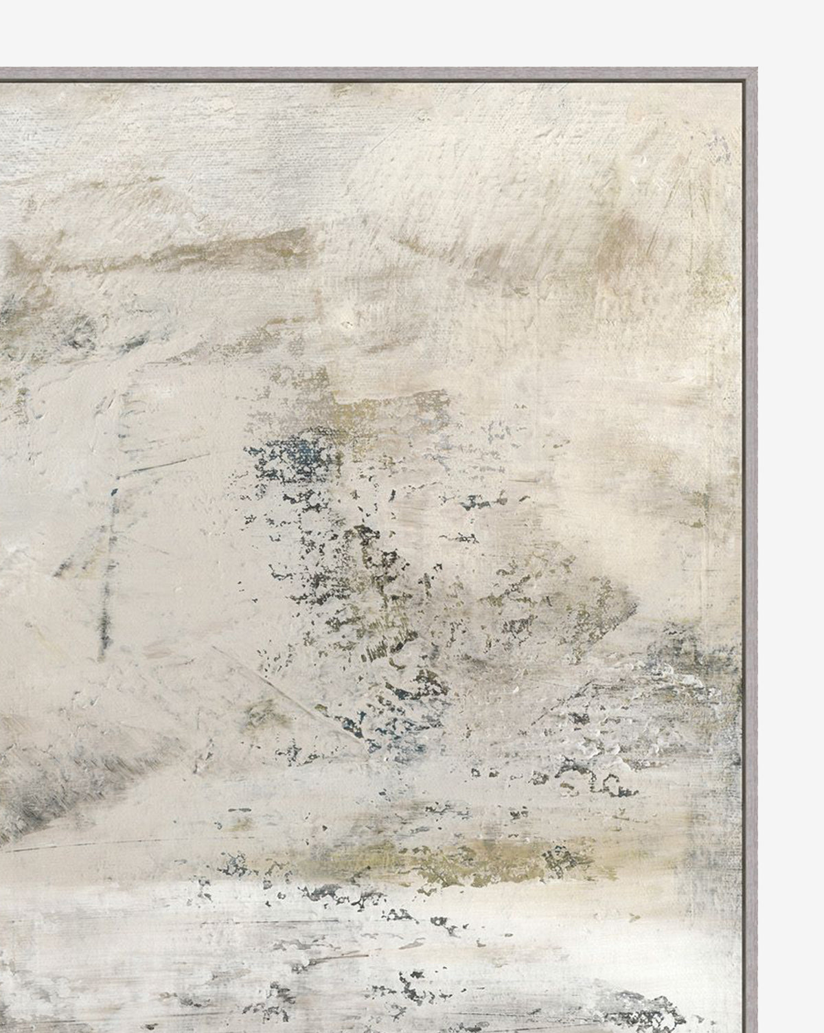 Slush is a close-up of abstract art on gallery-wrapped canvas, showcasing textured white, beige, and gray brushstrokes for a weathered effect. Muted neutral tones are highlighted within a thin, simple frame by McGee & Co.