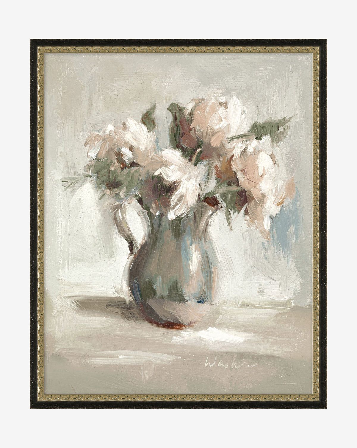 Soft Florals I features an impressionistic romantic still life of pale pink and white flowers in a blue ceramic pitcher on a soft neutral background, beautifully displayed in a thin, ornate gold frame.