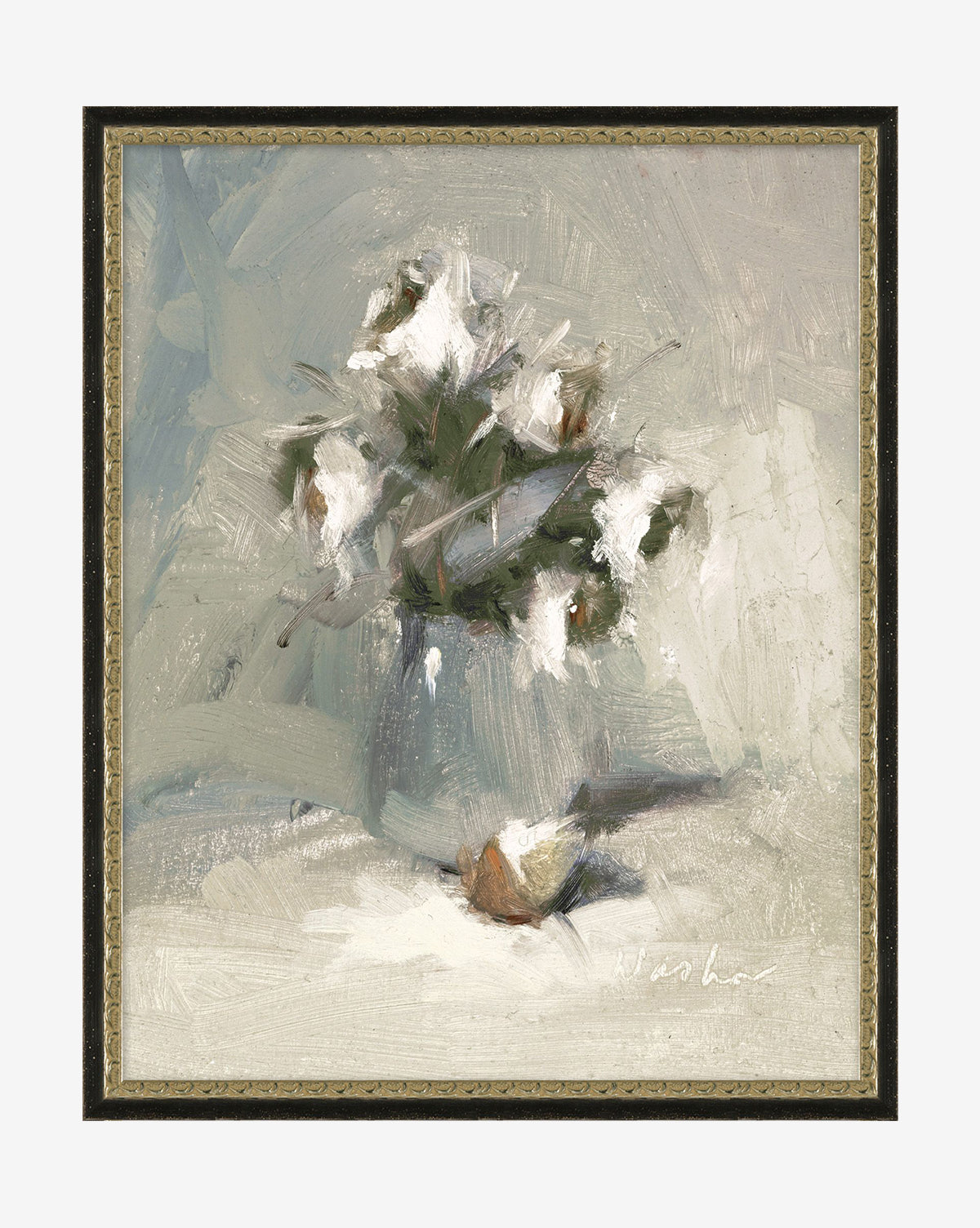 Soft Florals II – Impressionist still life of white flowers in a vase with peach or brown fruit on a light surface and a muted blue-gray background, presented in an ornate frame. Available as a giclee print.