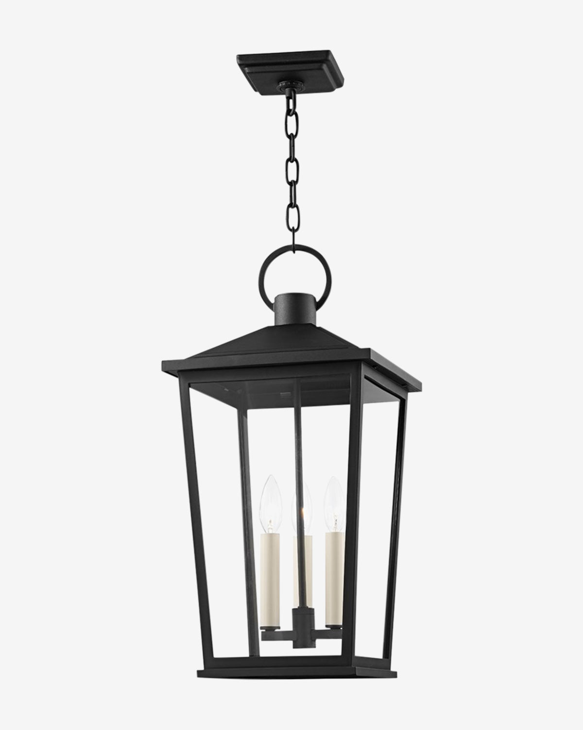 The Soren Outdoor Lantern features a rectangular frame in a sleek black finish with a sloped roof, three candelabra-style bulbs inside, and hangs by chain from a square ceiling mount, by McGee & Co.