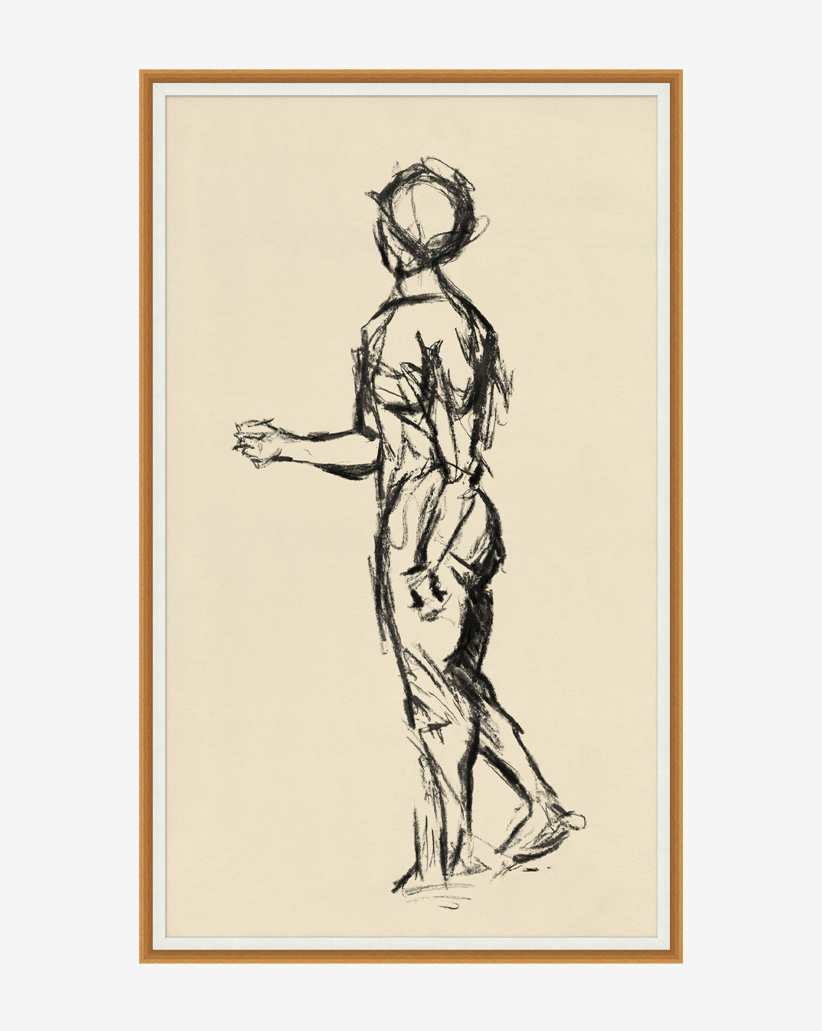 Soulful Silhouette: A gallery-quality charcoal sketch of a standing human figure in profile, facing left, with minimal detail on a plain light background and framed in a simple wooden frame, by McGee & Co.