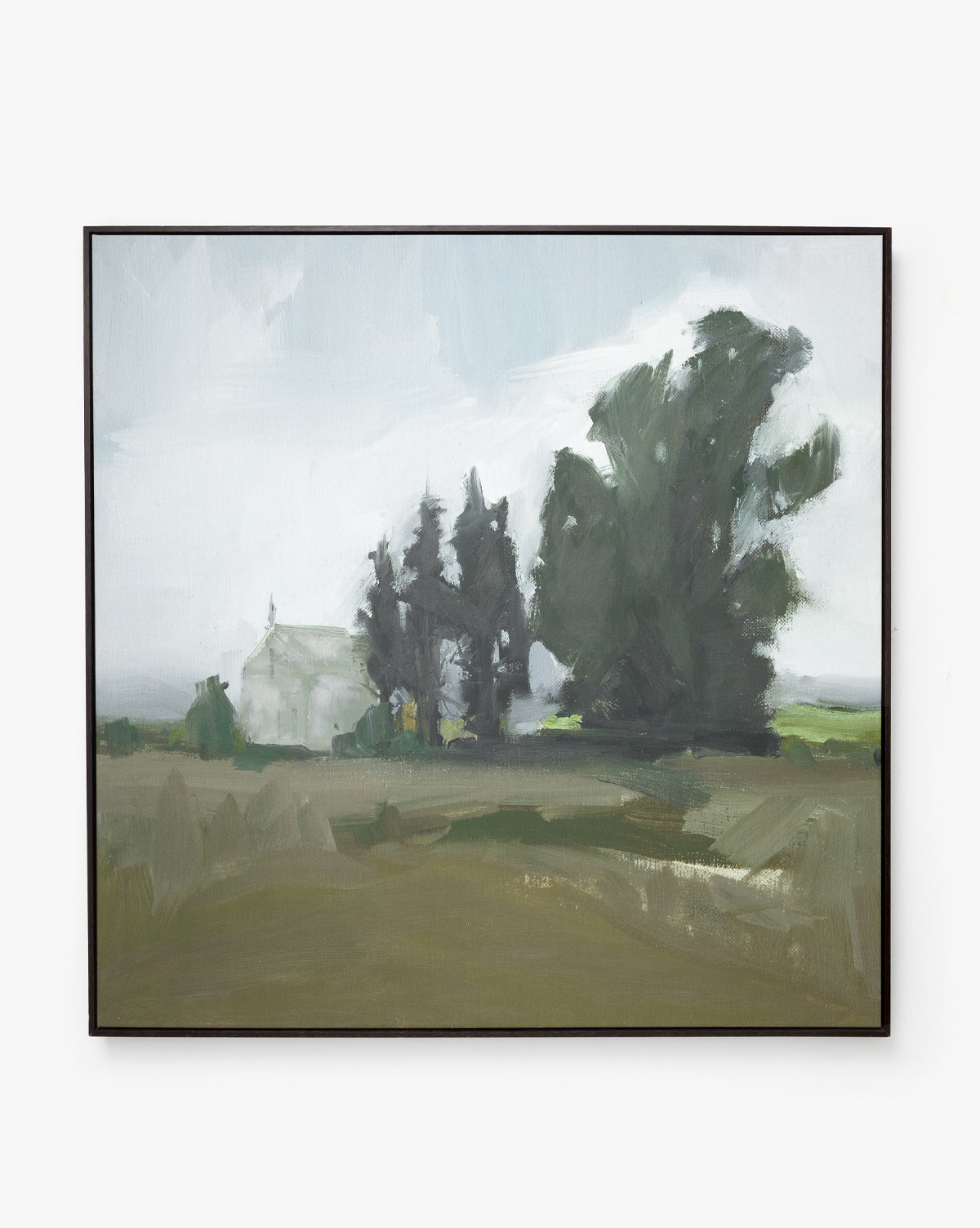 Spring Skies is a stunning giclee print of an impressionistic rural landscape, featuring a white house half-hidden by tall green trees beneath cloudy skies, with vibrant green and brown fields in the foreground.