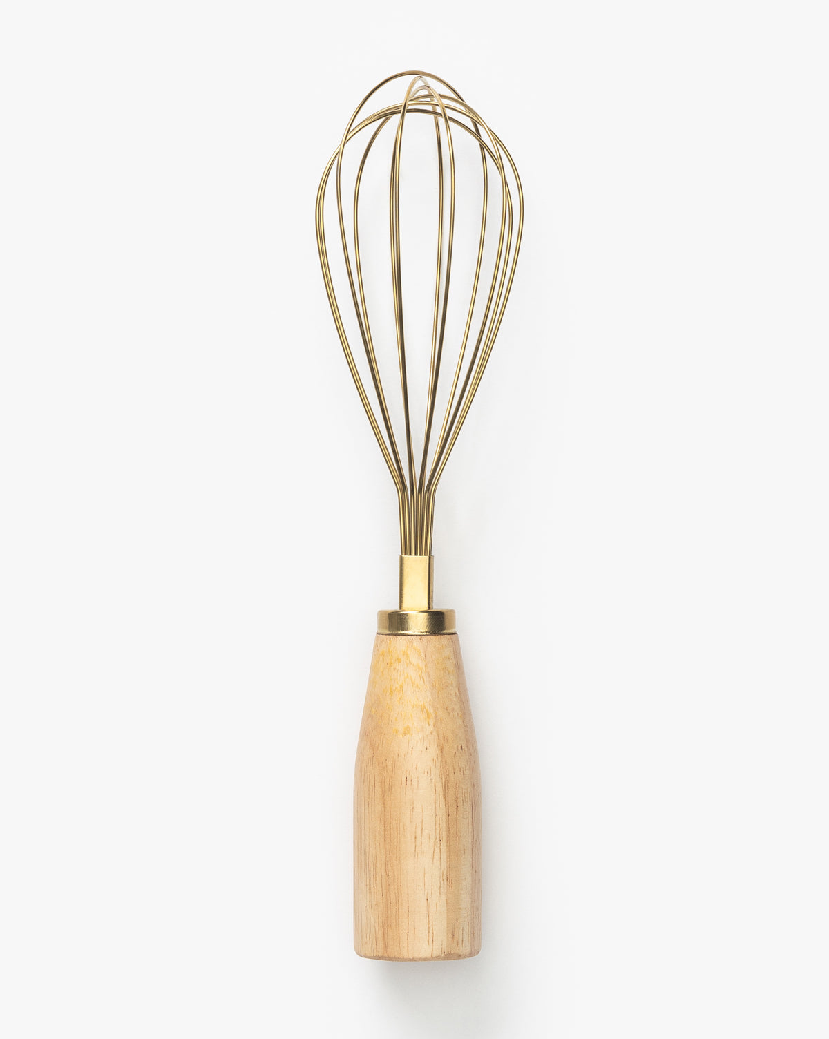 The Stainless Steel Whisk with Wood Handle features golden wires and a sleek wood handle, shown vertically on a white background—an elegant kitchen serveware addition by McGee & Co.