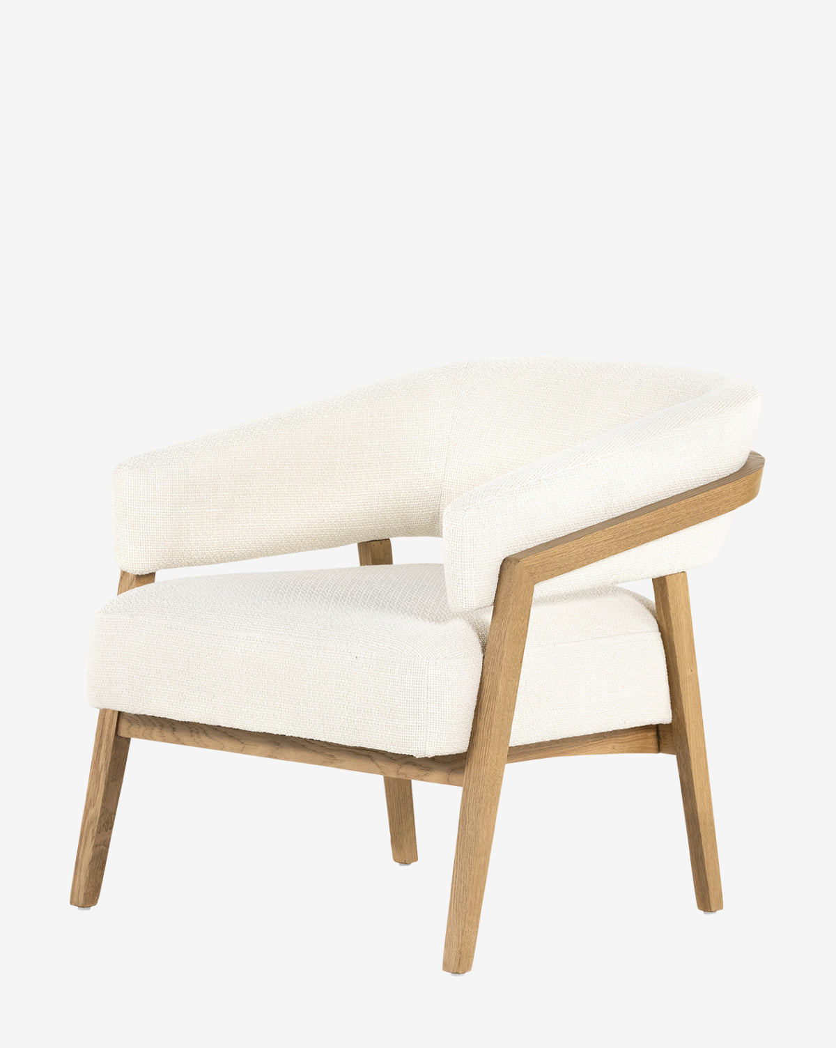 The Stanley Lounge Chair features a light wood frame, off-white cushions, angled legs, and open sides, highlighting its contemporary design against a plain white background by McGee & Co.