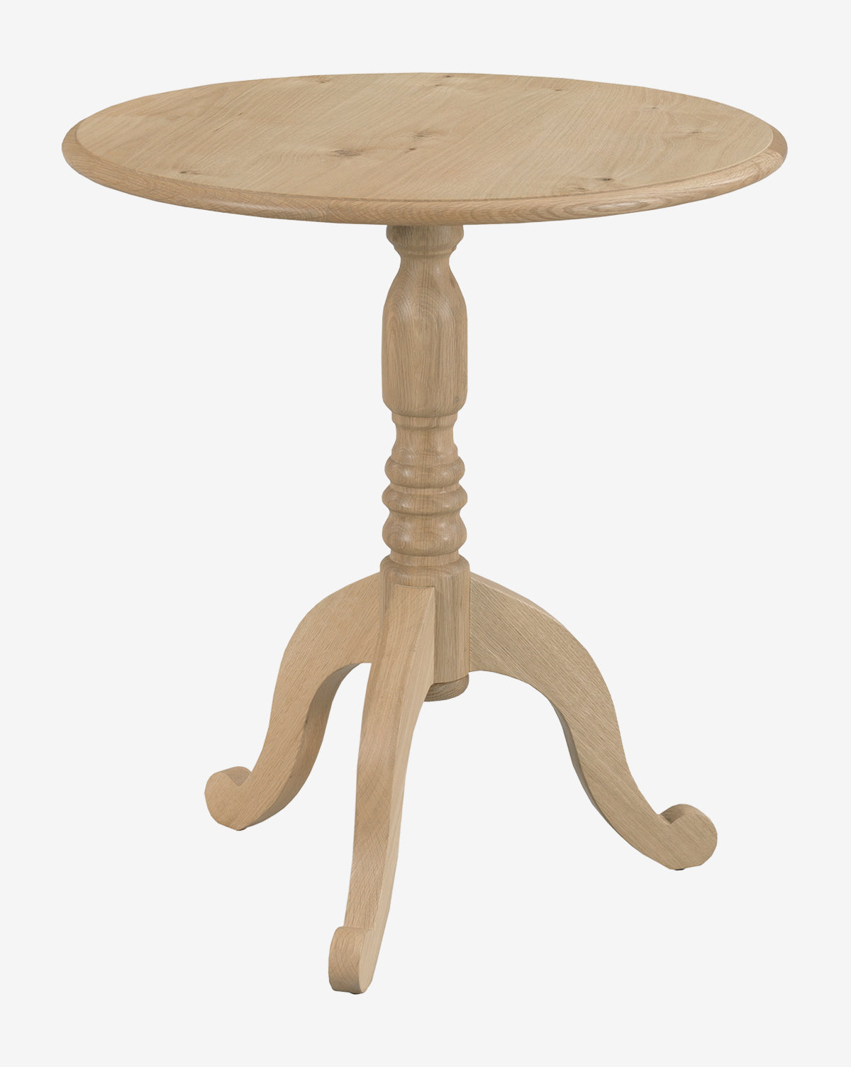 The Stanton Pedestal Table features a small, round oak top, a turned central pedestal, and three curved legs in a light wood finish—making it the perfect accent table, by McGee & Co.