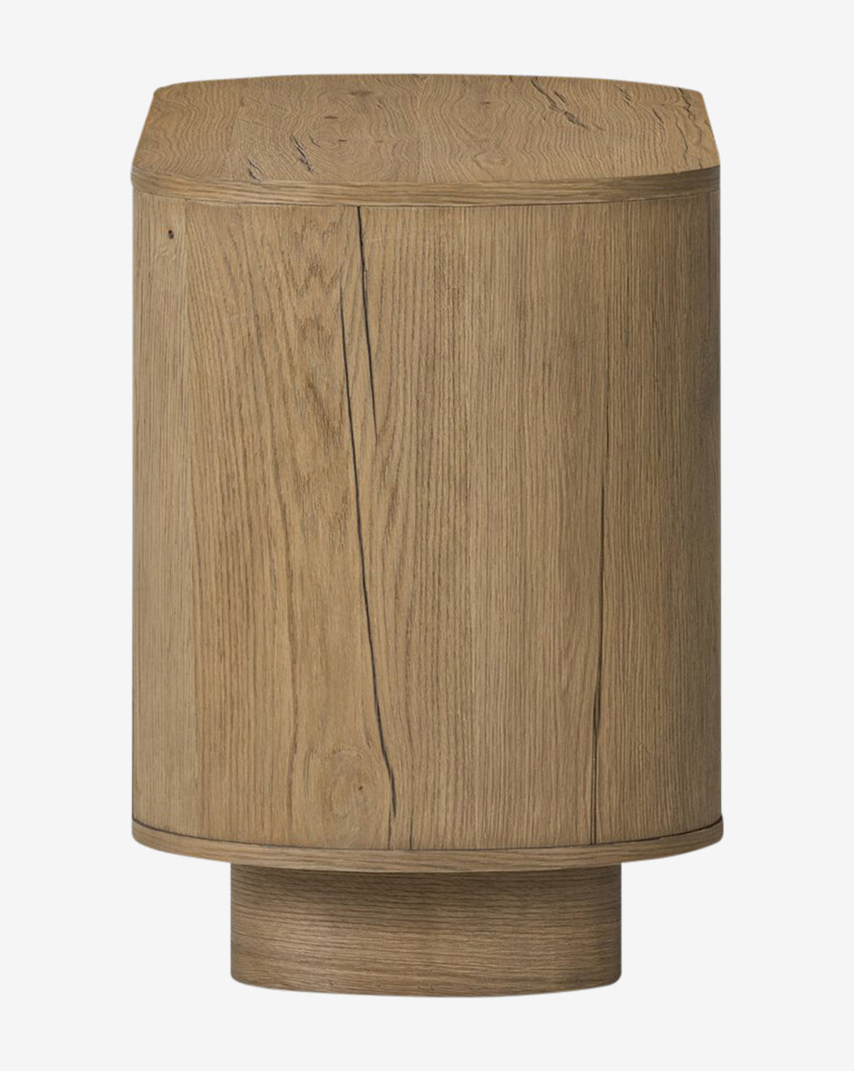 The Steffon Nightstand is a cylindrical acacia wood side table with a natural finish, visible grain, flat top, and a recessed round base—ideal for modern bedrooms, by McGee & Co.