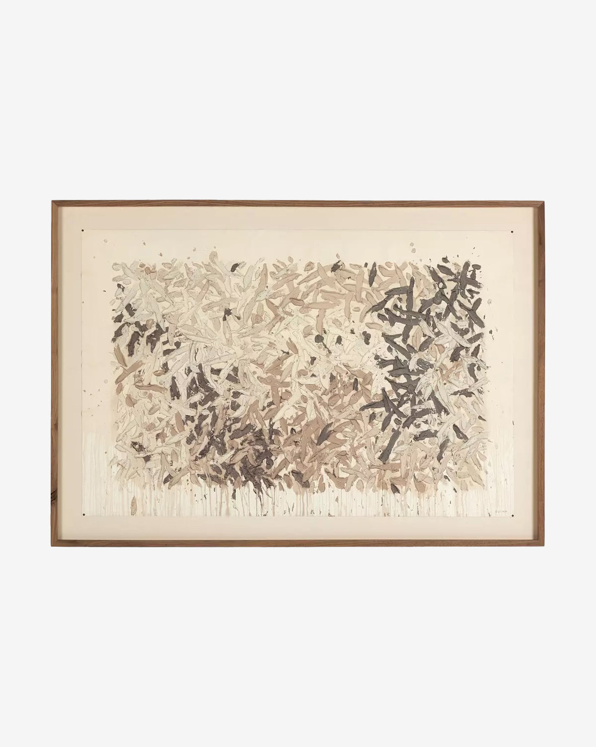 Still His People by Tyler Guinn features abstract wall art with layered brushstroke-like marks in beige, brown, and black on a light matte canvas, framed in a simple walnut frame, by McGee & Co.