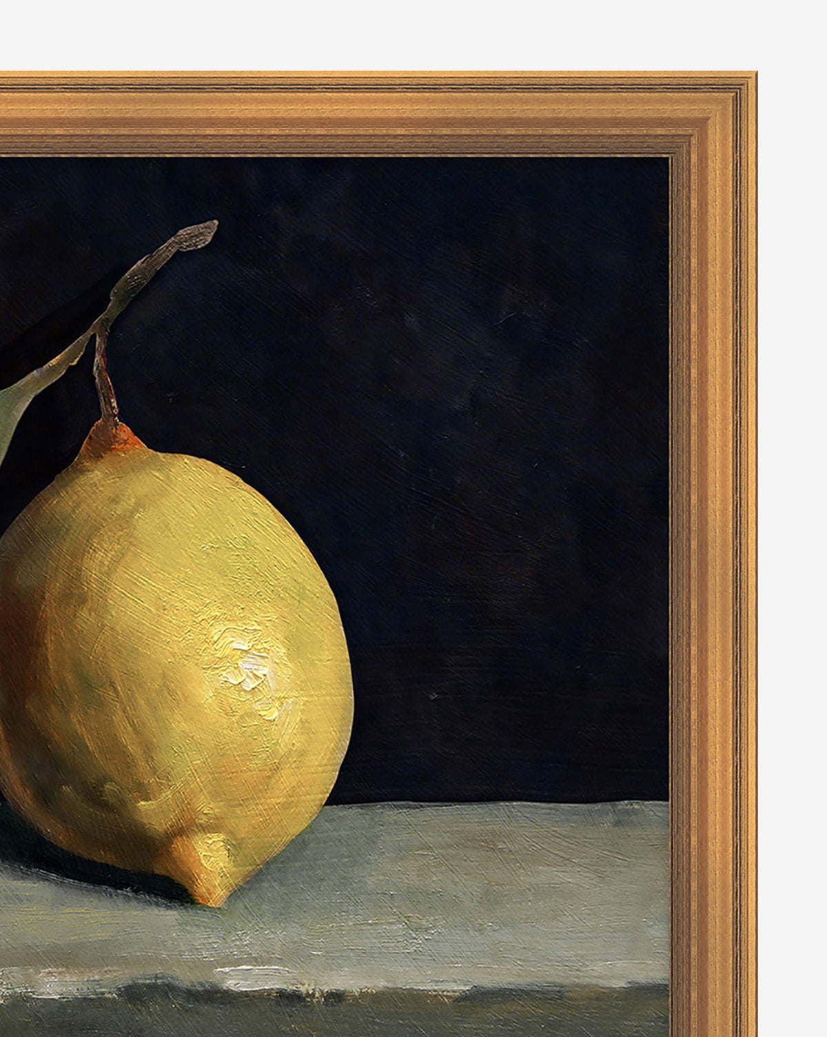 The framed Still Life with Lemon painting depicts a single yellow lemon with stem on a gray surface and dark background—ideal for fruit portrait lovers or adding elegance to your gallery wall.