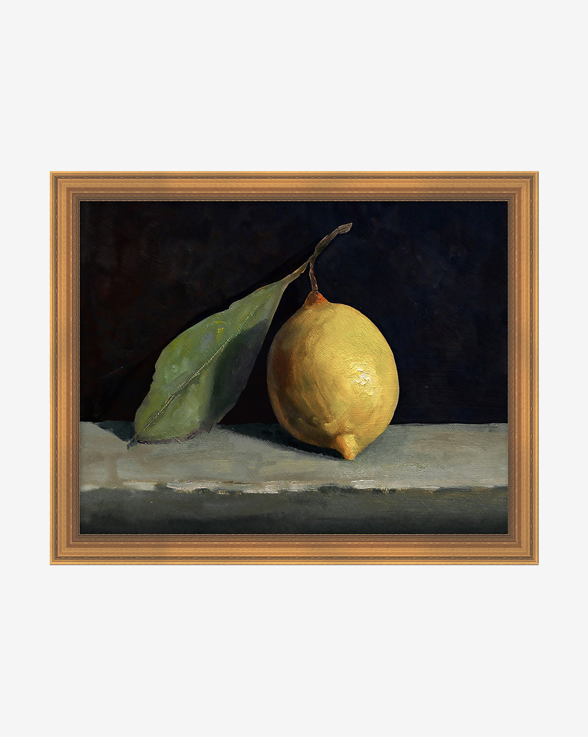 Still Life with Lemon is a framed artwork featuring a yellow lemon with a green leaf on a gray surface and dark background—an elegant piece to enhance your gallery wall.