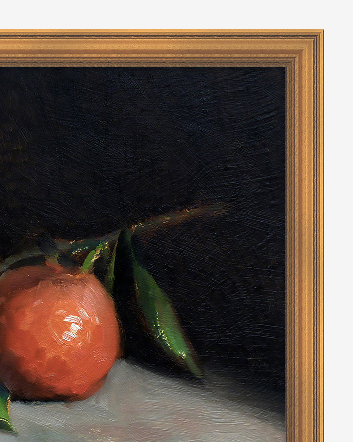 Still Life with Oranges is a framed painting featuring vibrant oranges with green leaves against a dark backdrop—an elegant addition to your gallery wall for classic fruit art.