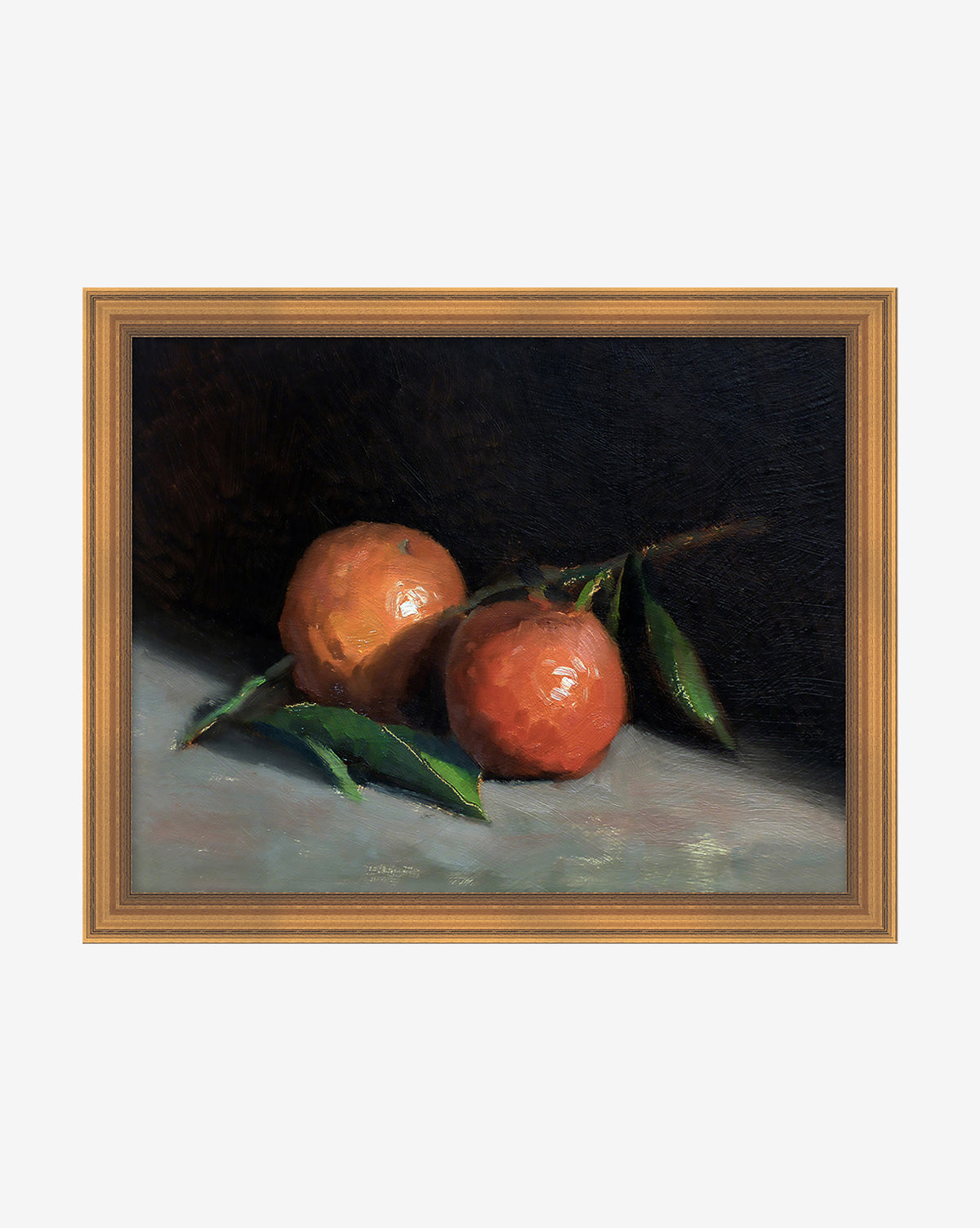 “Still Life with Oranges” is a framed fruit portrait featuring two oranges with green leaves on a dark background. The realistic artwork’s soft brushstrokes add timeless charm, making it a perfect addition to any gallery wall.