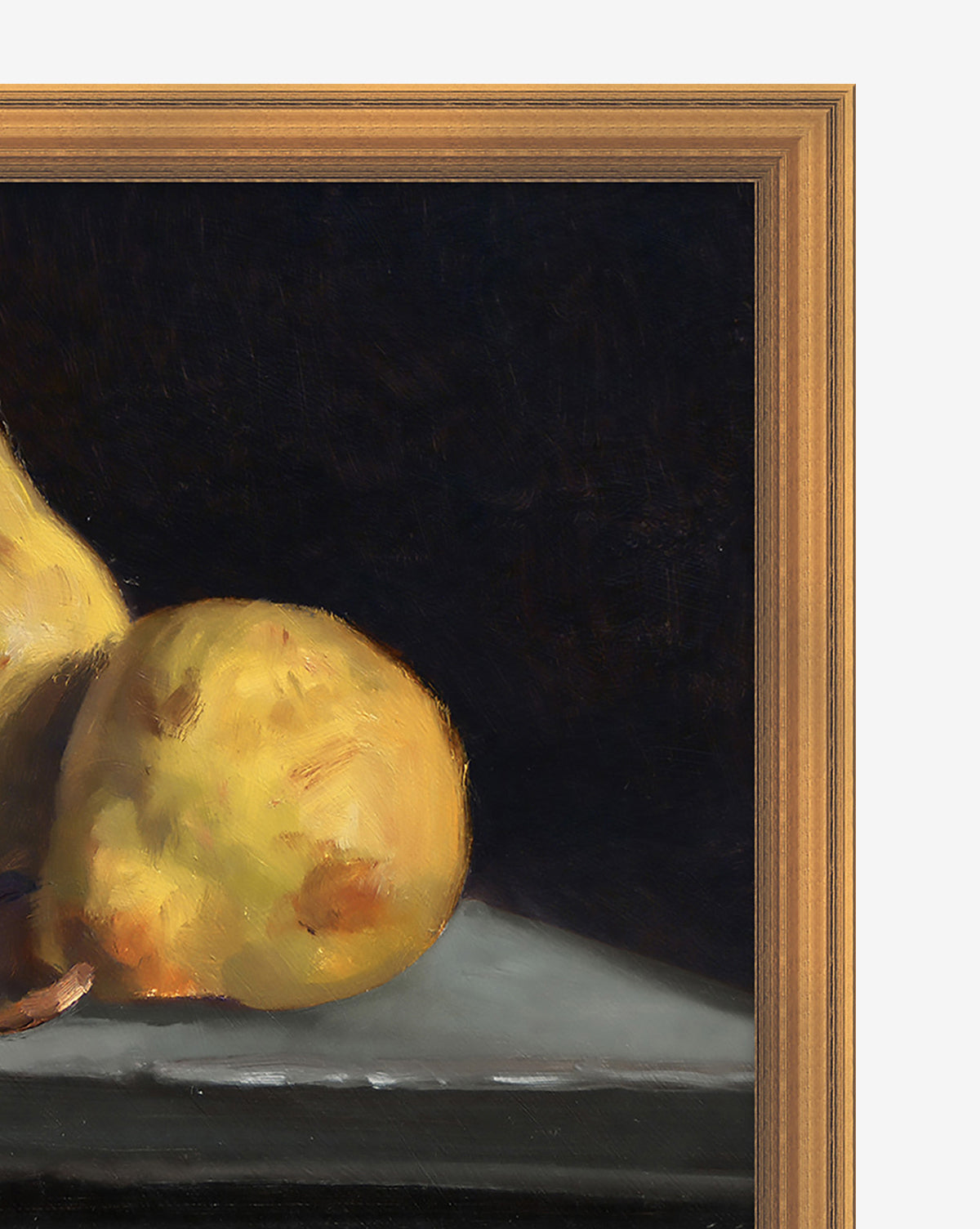 A close-up of the Still Life with Pears artwork highlights two yellow pears on a dark surface, set against a deep black background—ideal for adding elegance to your gallery wall.