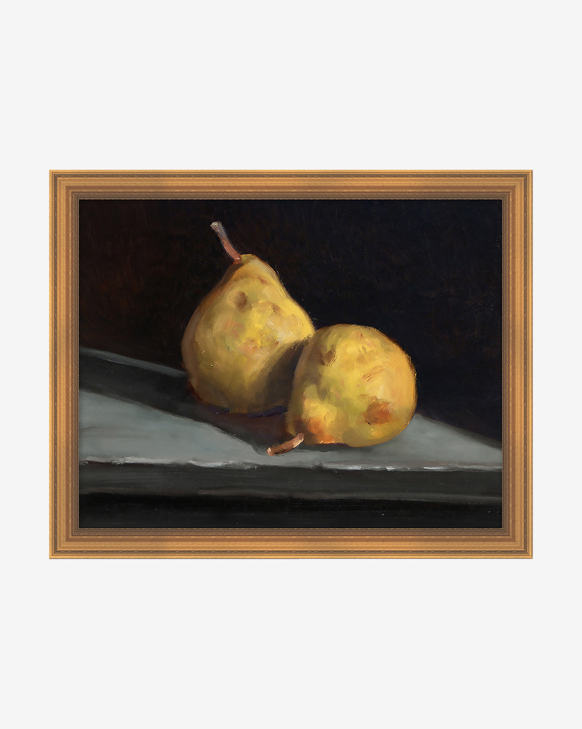 Add a striking touch to your gallery wall with Still Life with Pears—a framed painting featuring two yellow pears on a gray surface, set against a dark background that highlights the vibrant fruit.