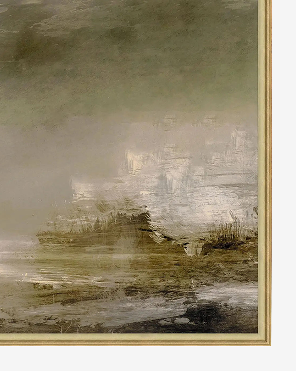 Storms Eye by Dan Hobday is a framed giclee canvas print featuring a misty coastal landscape with rocky cliffs in subdued gray, green, and brown tones—ideal nature wall art with a soft, atmospheric effect, by McGee & Co.