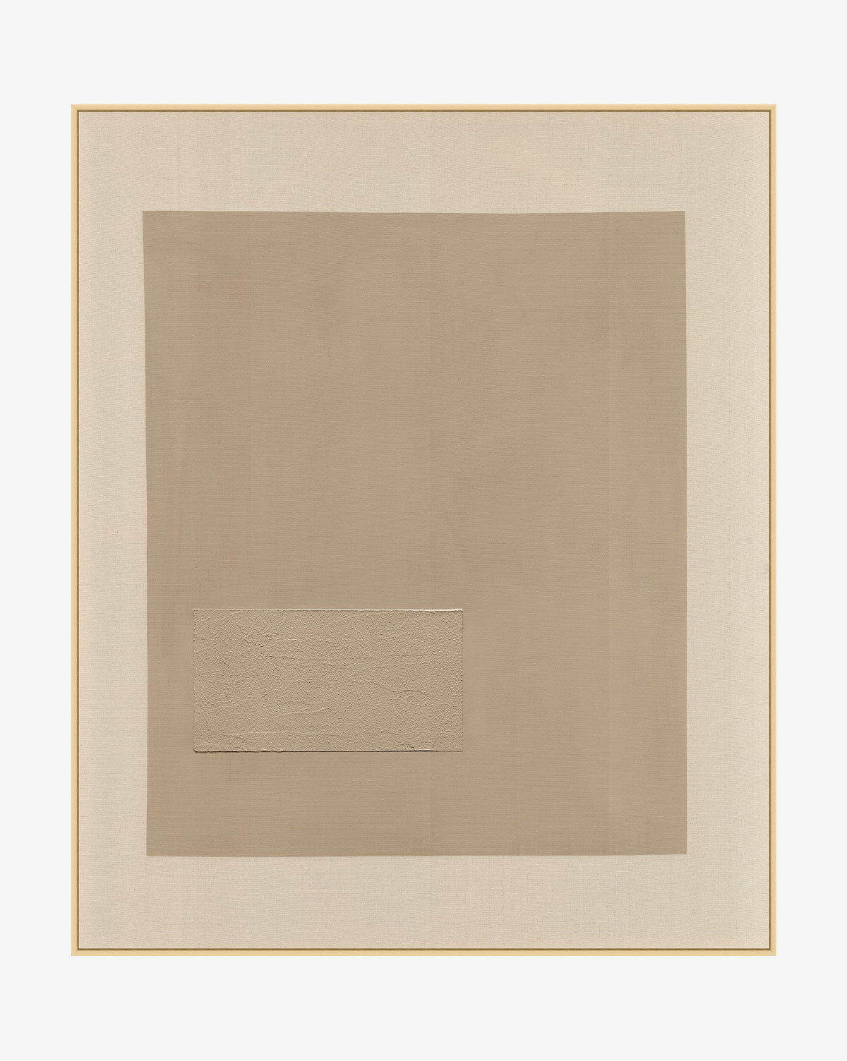 Study in Application is a minimalist, hand-painted abstract artwork with a large light beige square and textured rectangle on off-white canvas, framed in thin natural wood for added warmth and elegance, by McGee & Co.