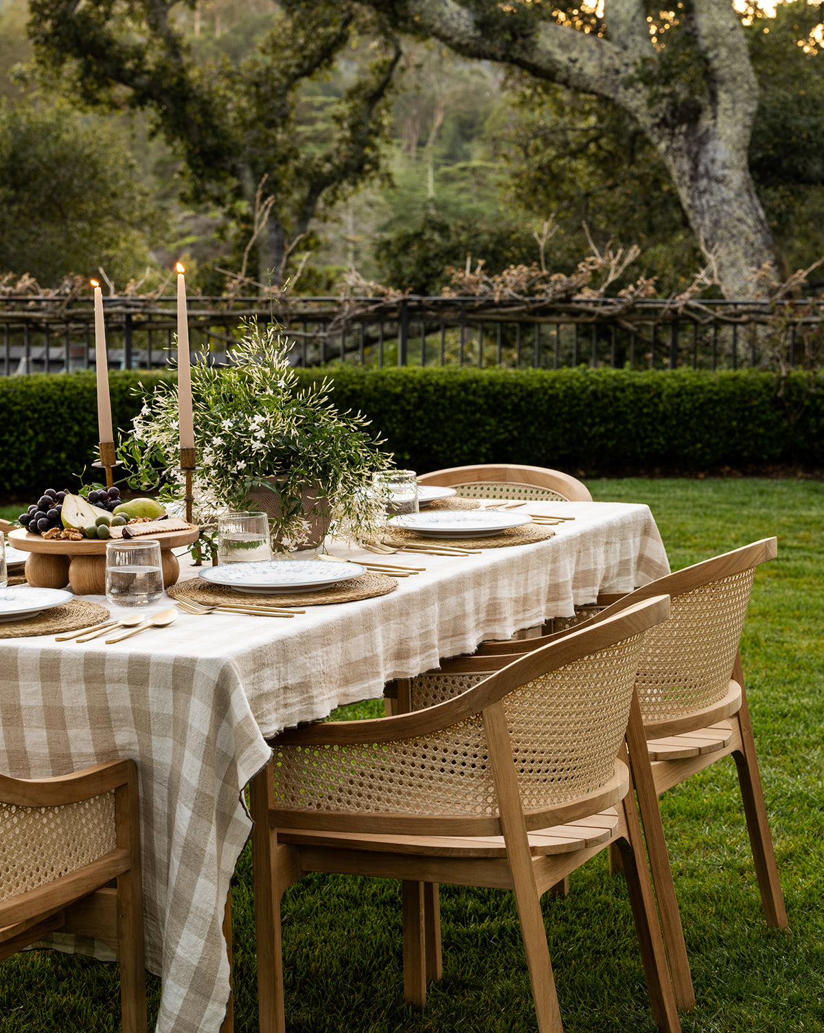 An outdoor dining table with a beige checkered tablecloth is set with plates, glasses, and candles. Elowyn Outdoor Dining Chairs surround the table amid greenery and food, with a garden and trees in the background, by McGee & Co.
