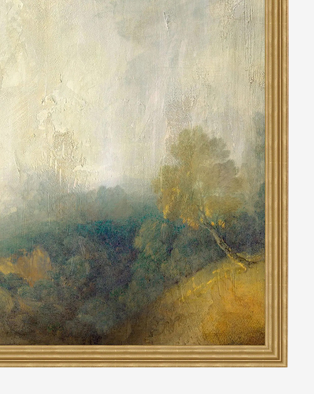 The Sunlit Valley framed giclee on canvas features a misty landscape in soft, muted tones. Trees and hills gently fade into the background, creating an ethereal, dreamlike scene beneath a pale sky by McGee & Co.