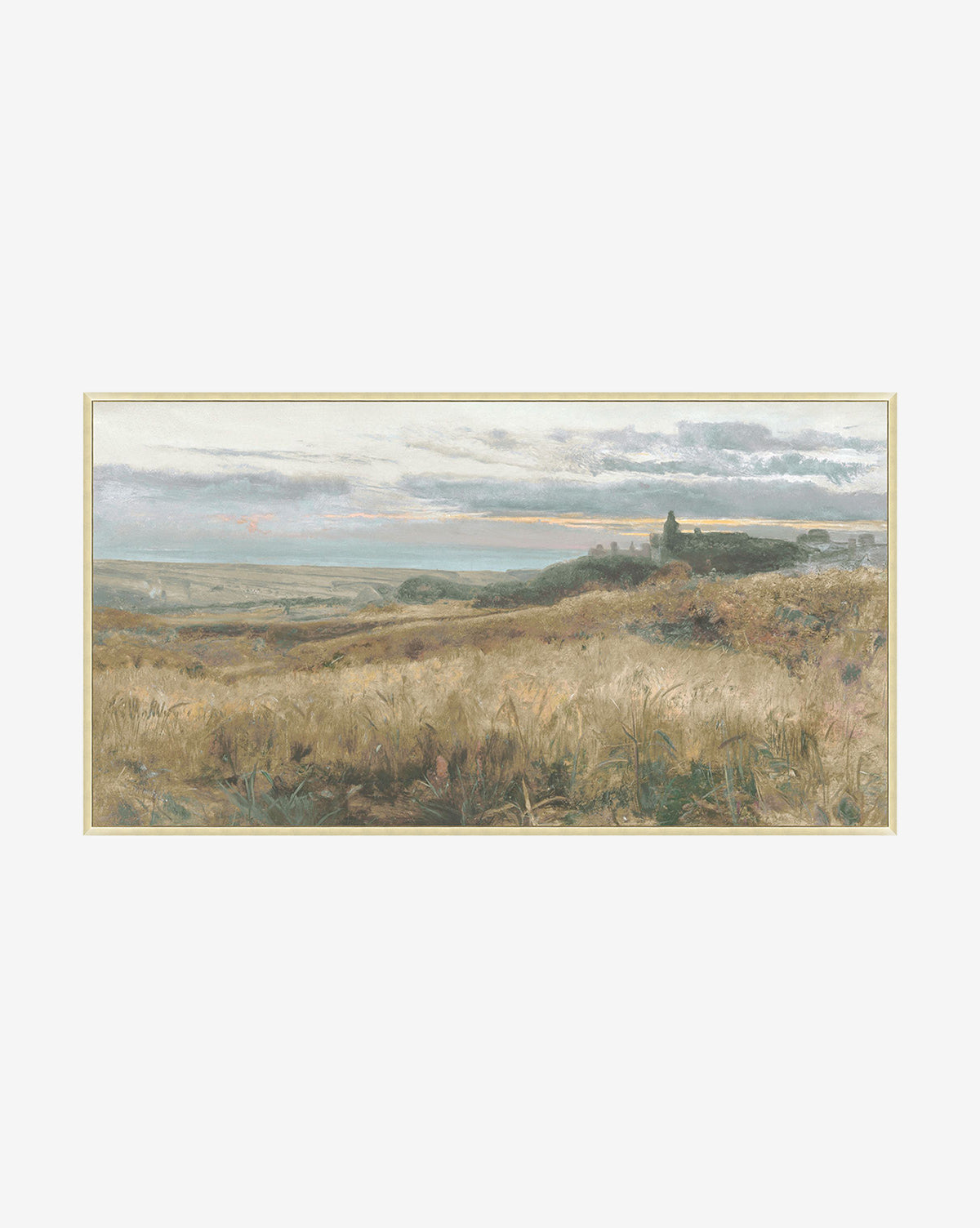 “Sunset Fields” captures tall golden grasses, distant trees, and a hilltop building beneath a cloudy sky. This calming scene is offered as a giclee print on canvas in an elegant silver wood frame.