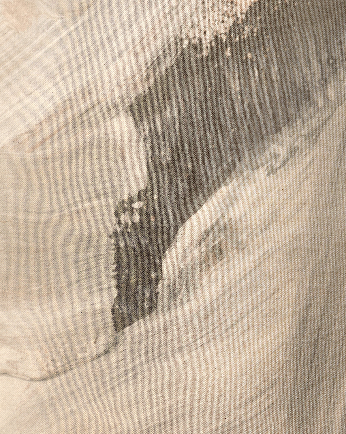 Swath 2 Sepia showcases abstract art with sweeping beige and light brown brushstrokes, textured dark gray and black accents, and a sense of depth—elegantly framed in sleek white oak.
