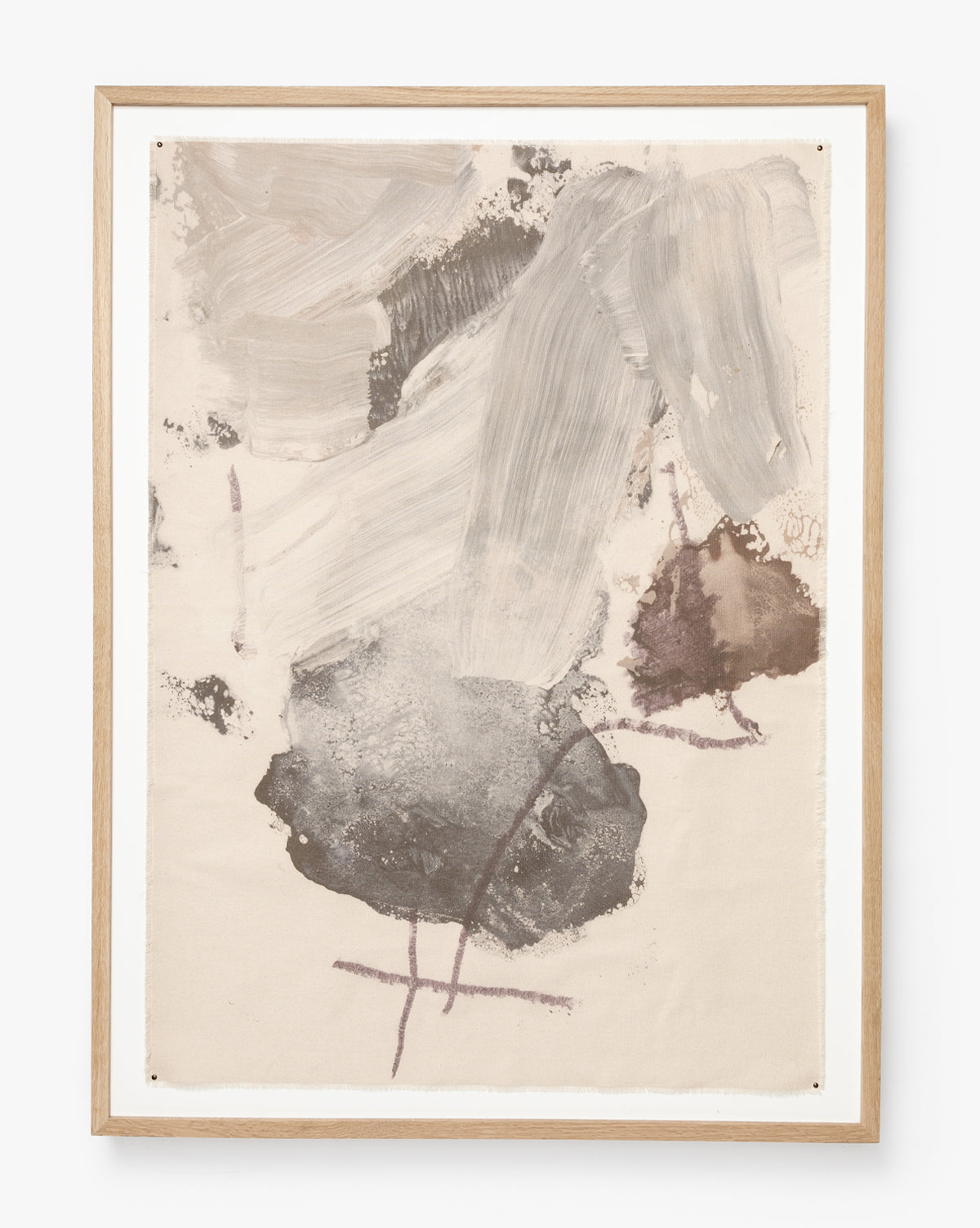 Swath 2 Sepia showcases abstract art in a white oak frame, featuring loose gray and beige brushstrokes with dark gray and brown accents on a cream background and two thin, intersecting lines near the bottom.