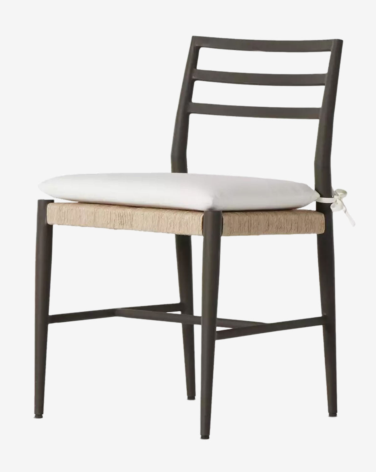 The Tabitha Outdoor Dining Chair features a black aluminum frame, ladder-style backrest, woven seat, and a removable white cushion for comfortable outdoor dining, by McGee & Co.