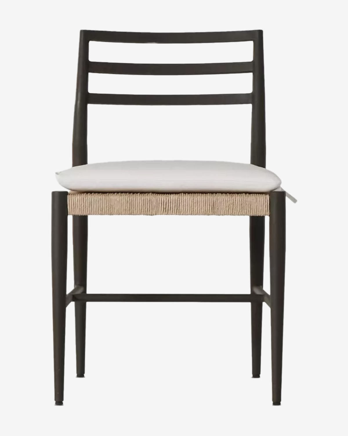 The Tabitha Outdoor Dining Chair features a minimalist, sleek design with a black aluminum frame, three horizontal backrest slats, a woven seat, and a removable white cushion—perfect for modern outdoor spaces, by McGee & Co.