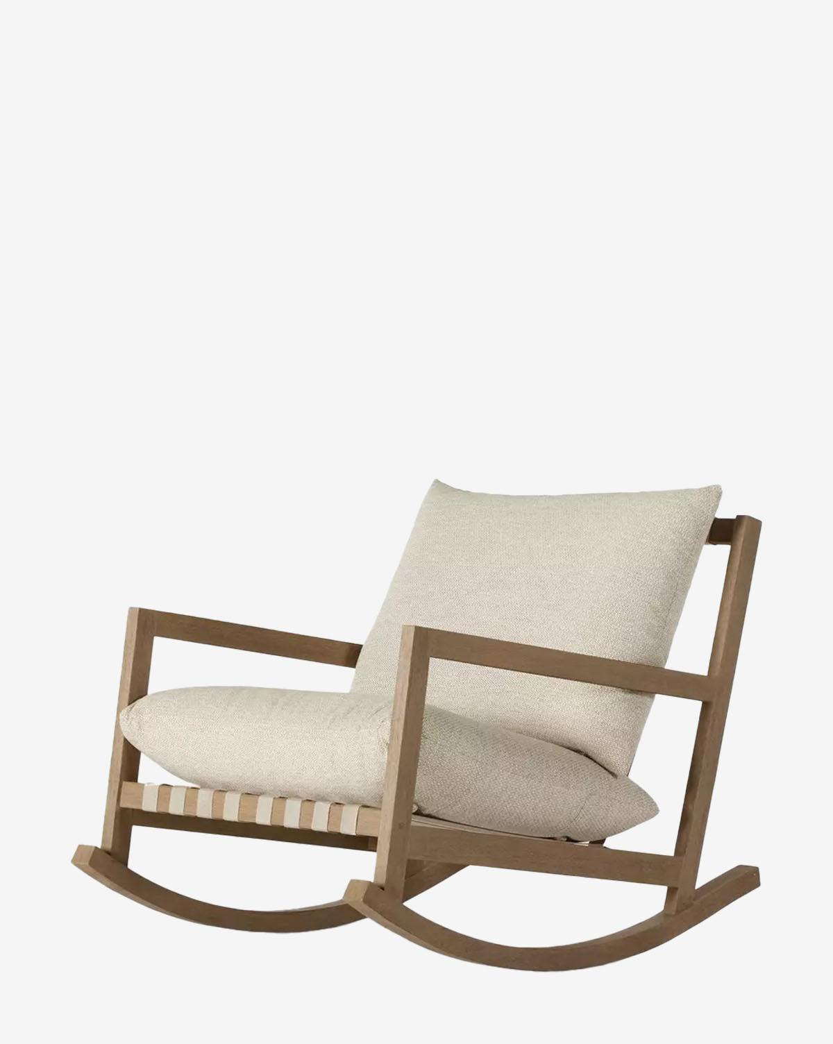 The Talia Outdoor Rocking Chair features modern teak construction, a light beige cushioned seat and backrest, angled armrests, and curved rockers—perfect as stylish backyard furniture, shown against a plain white background by McGee & Co.