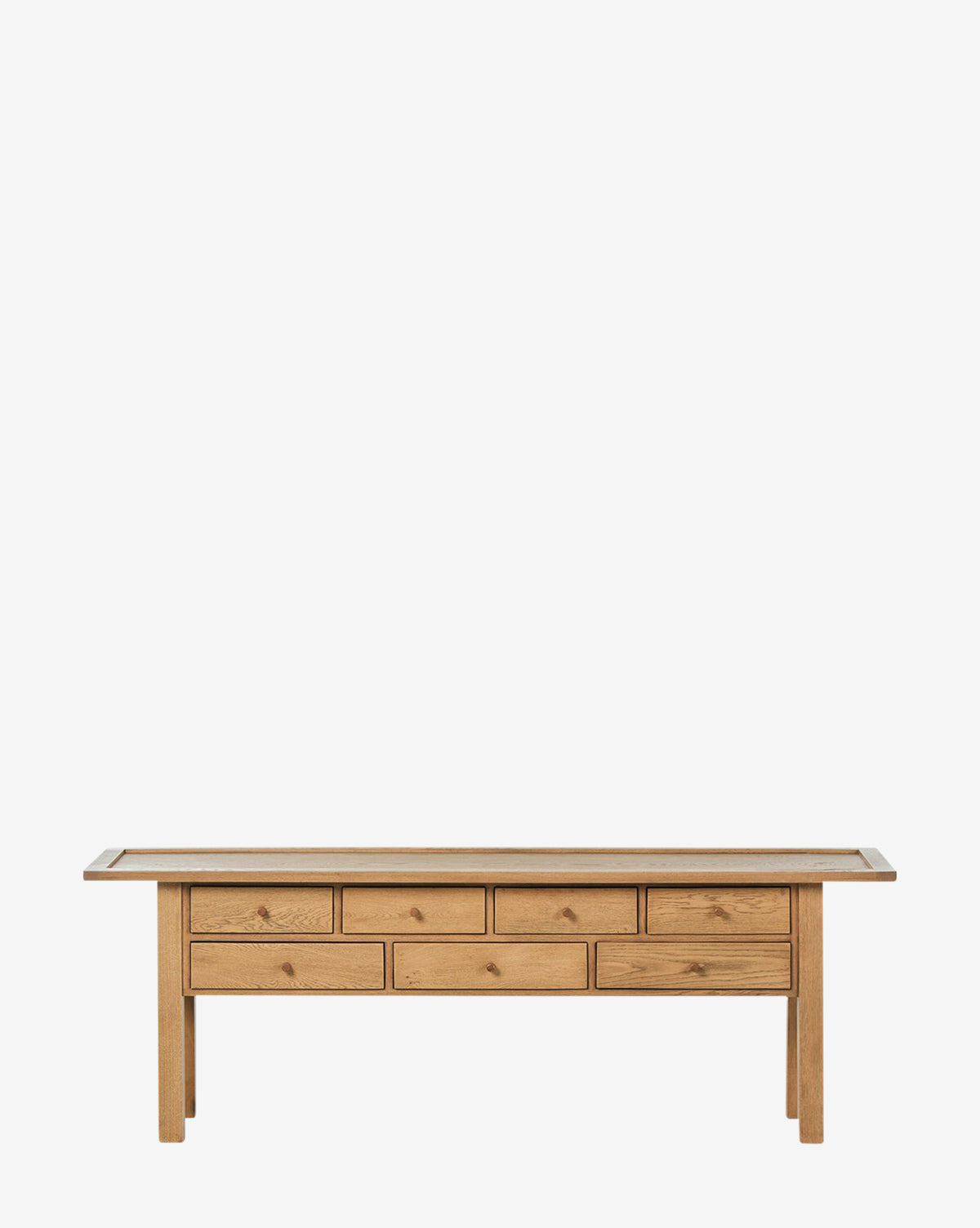 The Talon Console Table, crafted from oak with six small drawers and straight legs, provides practical entryway storage and is displayed against a plain white background by McGee & Co.