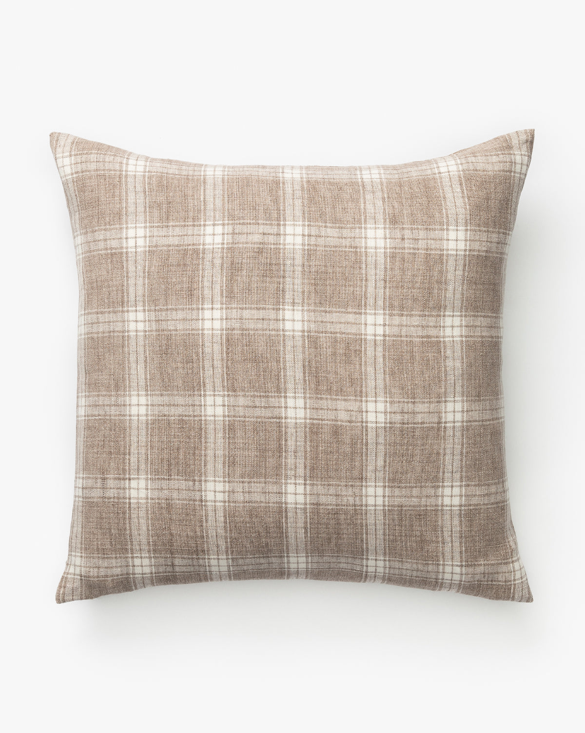 The Tannehill Pillow Cover features a rectangular shape in soft brown and white plaid, crafted from handwoven linen for a cozy touch, displayed against a plain white background by McGee & Co.