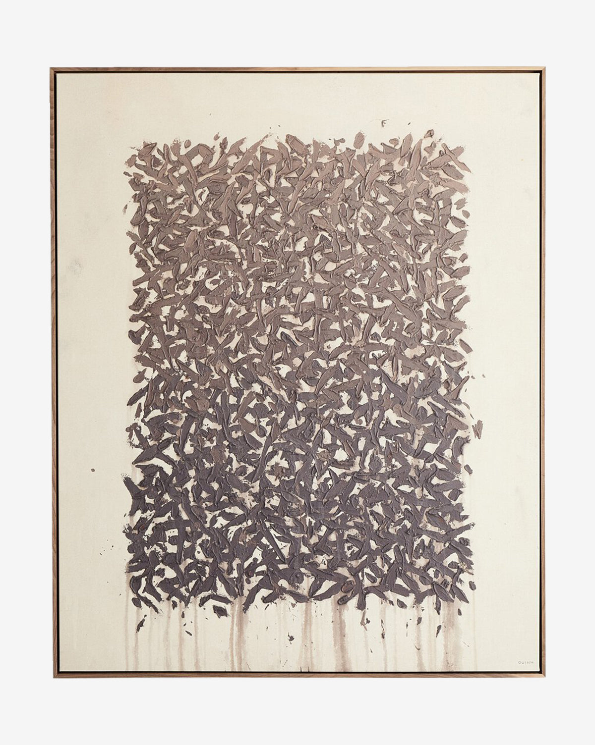 Tender Provisions by Tyler Guinn showcases brown, leaf-like brushstrokes clustered on a light background with paint drips—ideal for display in a rustic walnut frame or as a matte canvas, by McGee & Co.