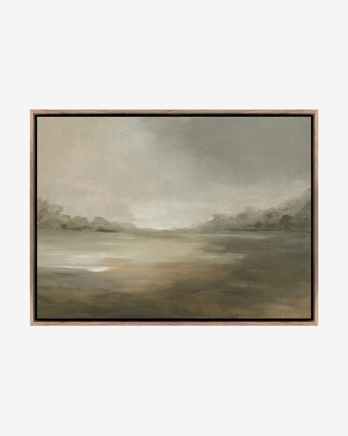 Terrain by Lauren Fuhr is a framed abstract landscape on matte canvas, showcasing soft green and brown hues, distant trees, and a calm sky in neutral tones—all set in a warm wood frame for a serene touch, by McGee & Co.