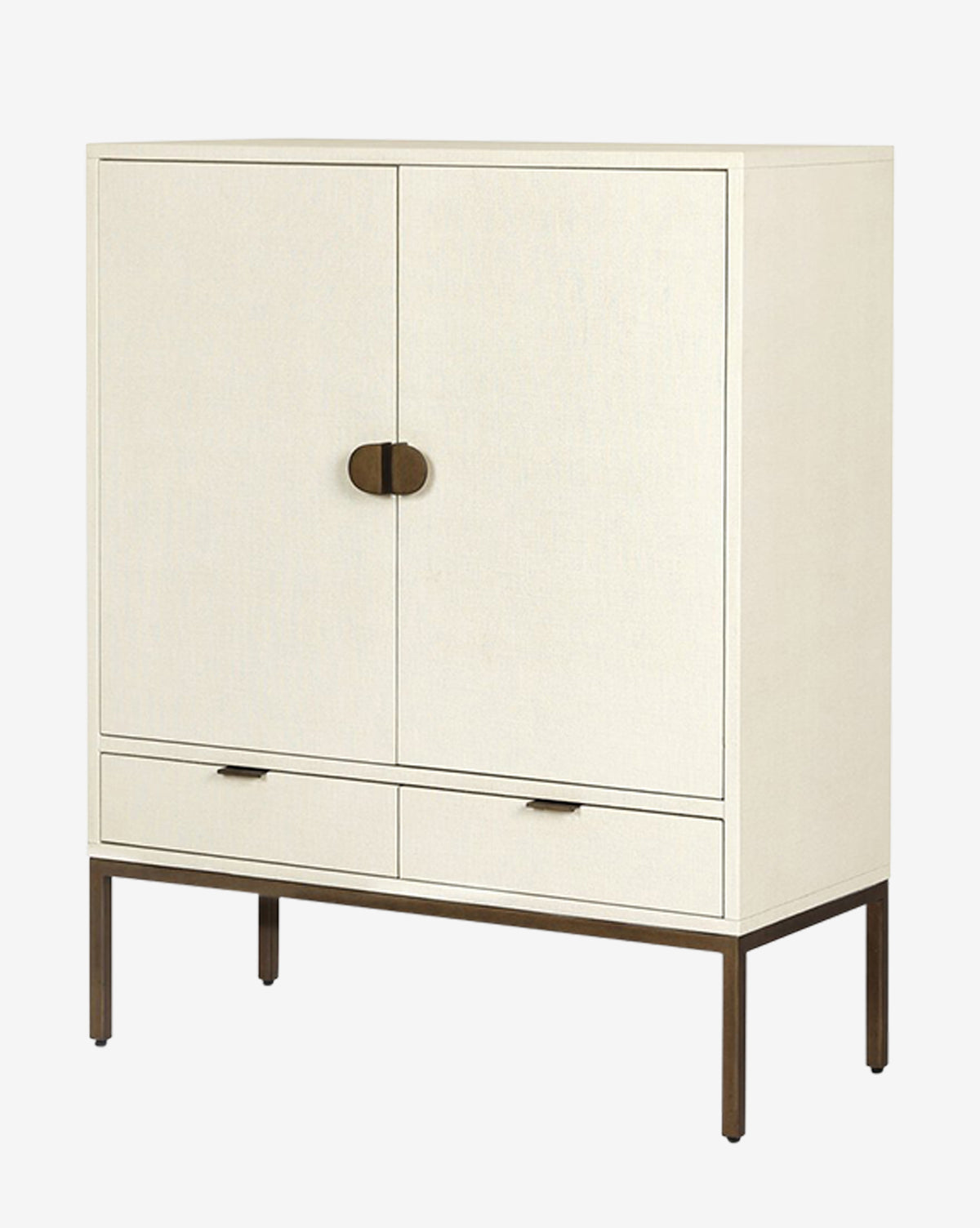The Thaddeus Cabinet features a modern classic cream finish, two doors, two storage drawers, slender metal legs, and minimalistic handles for a clean and simple look, by McGee & Co.