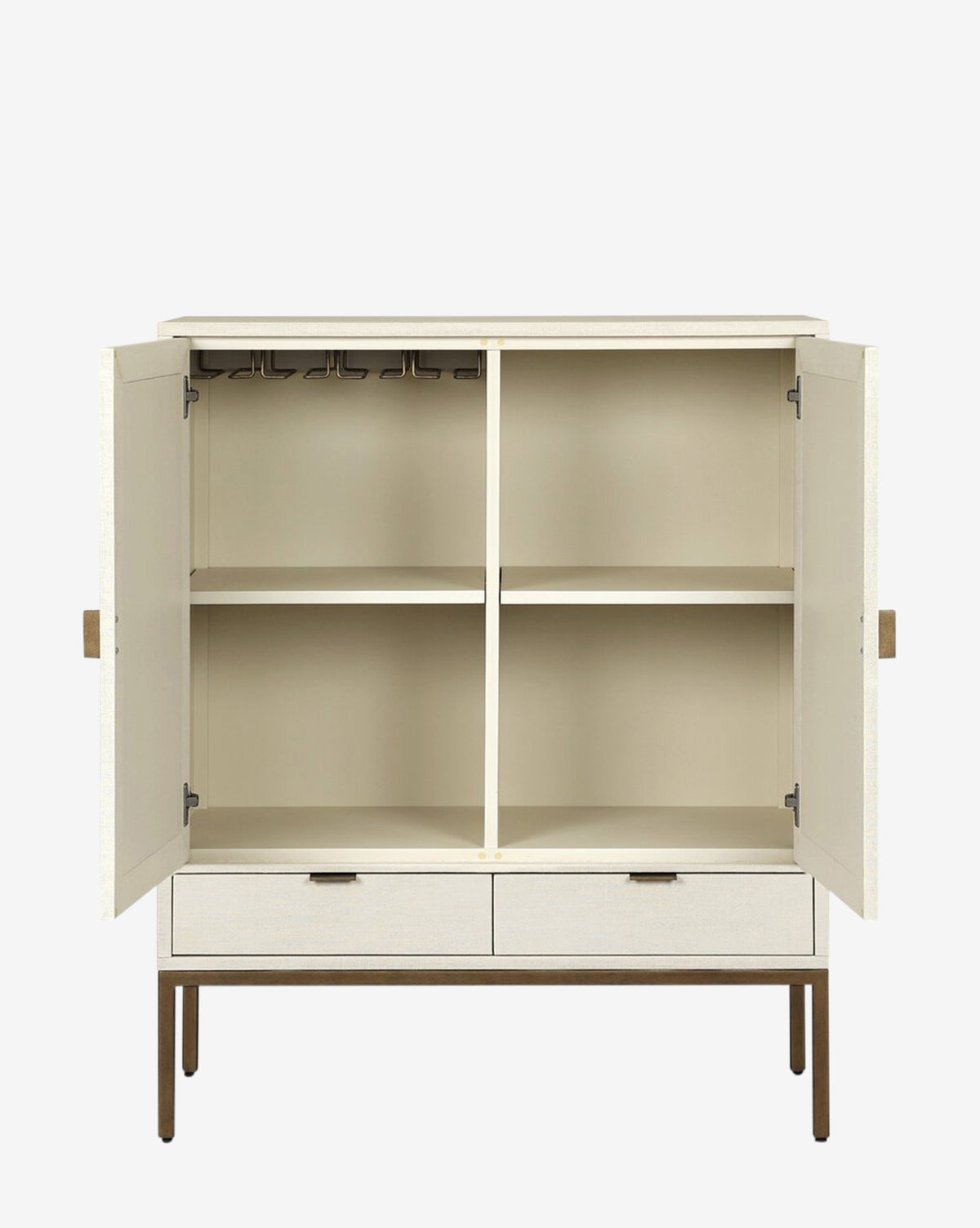 The Thaddeus Cabinet offers modern classic style with two open doors, four shelves, two lower drawers, and upper left storage racks—ideal for organizing and displaying your essentials by McGee & Co.