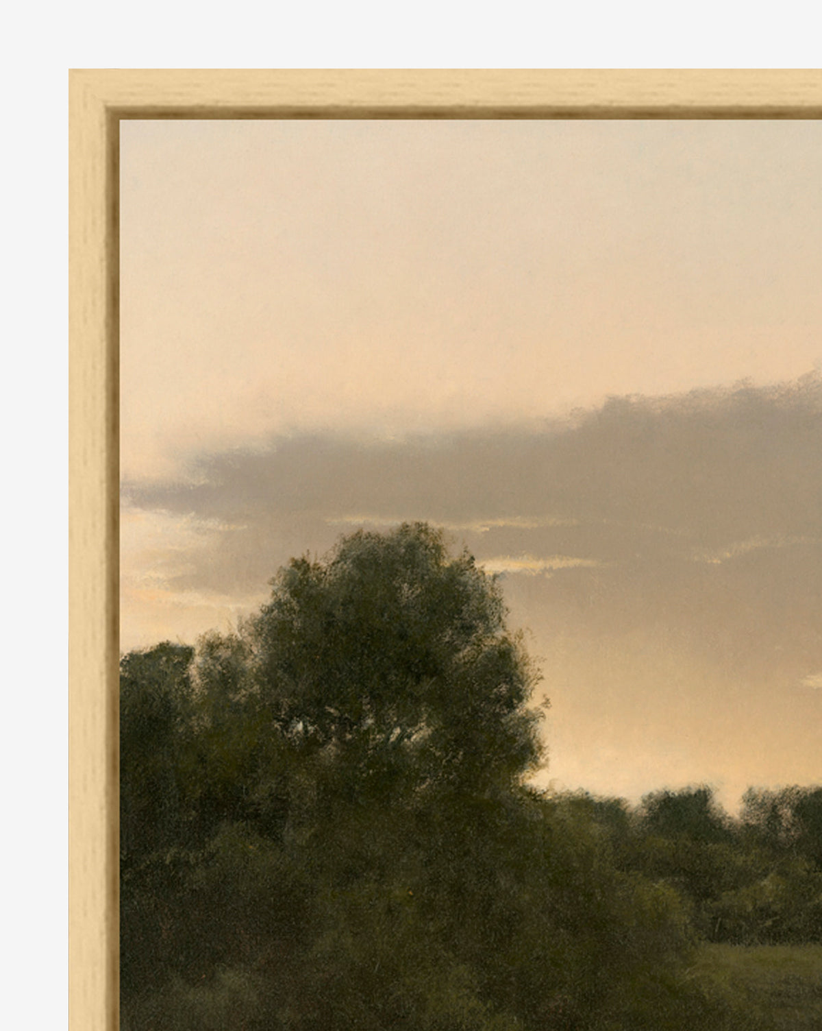 “The Grove by Bruce Brainard” is a framed wall art giclee print depicting a meditative landscape of dense green trees beneath a soft, cloudy dusk sky, with muted colors that create a calm and peaceful atmosphere.