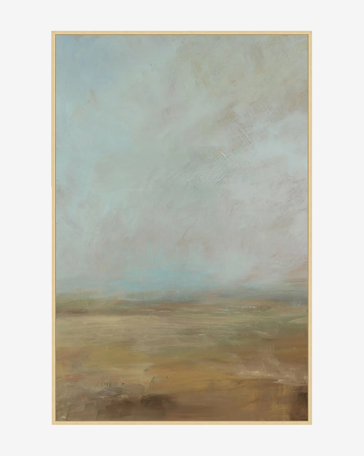 The Meadow View I by Patricia Perron is a minimalist abstract landscape art piece featuring soft blue, beige, and brown tones. This serene giclee on canvas depicts an open field beneath a vast, cloudy sky with elegant brushwork by McGee & Co.
