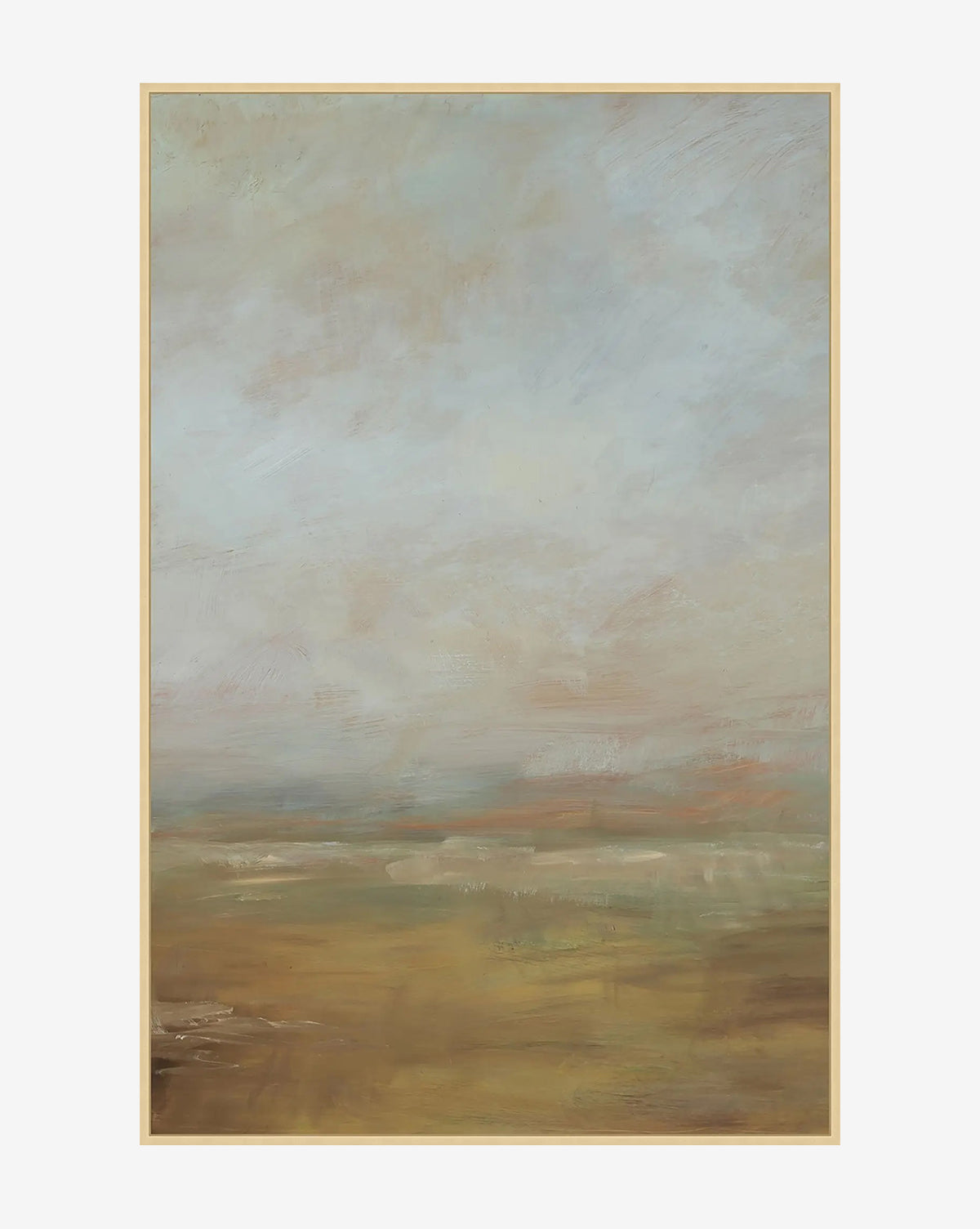 The Meadow View II by Patricia Perron features a soft, abstract landscape in muted earth tones. This giclee on canvas is elegantly framed in light wood, showcasing a hazy sky above green, brown, and beige fields by McGee & Co.