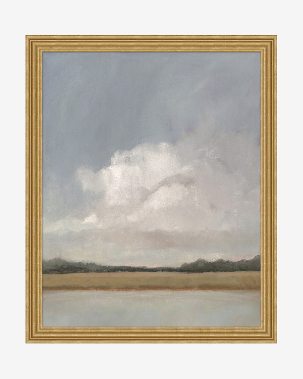 The Vast Beyond by Donna Thomas: a giclee print depicting calm water, distant hills, and a cloudy sky in soft, muted tones. Presented in an elegant gold wood frame to complement its serene beauty, by McGee & Co.